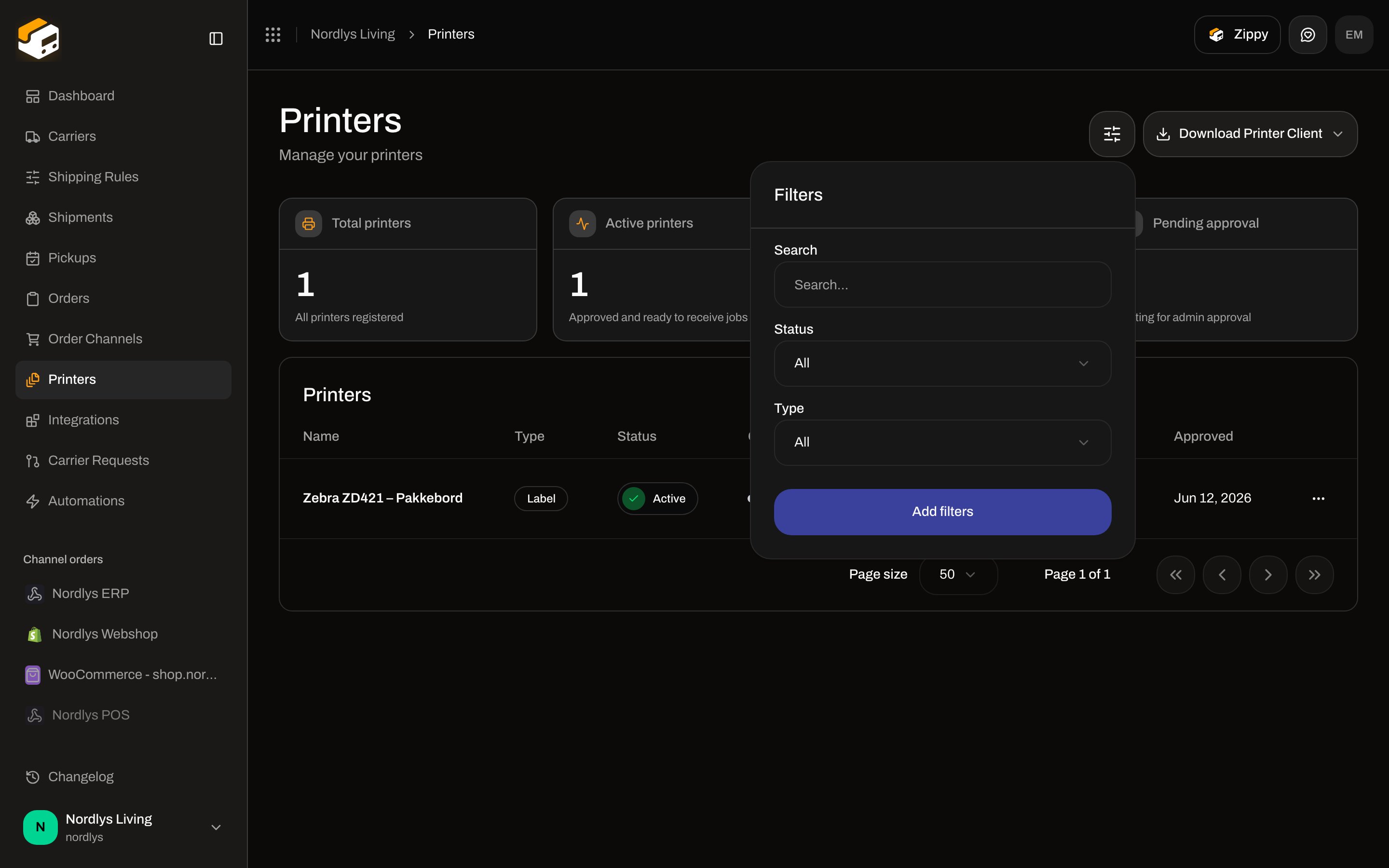 Printers filter popover with Search, Status, and Type fields