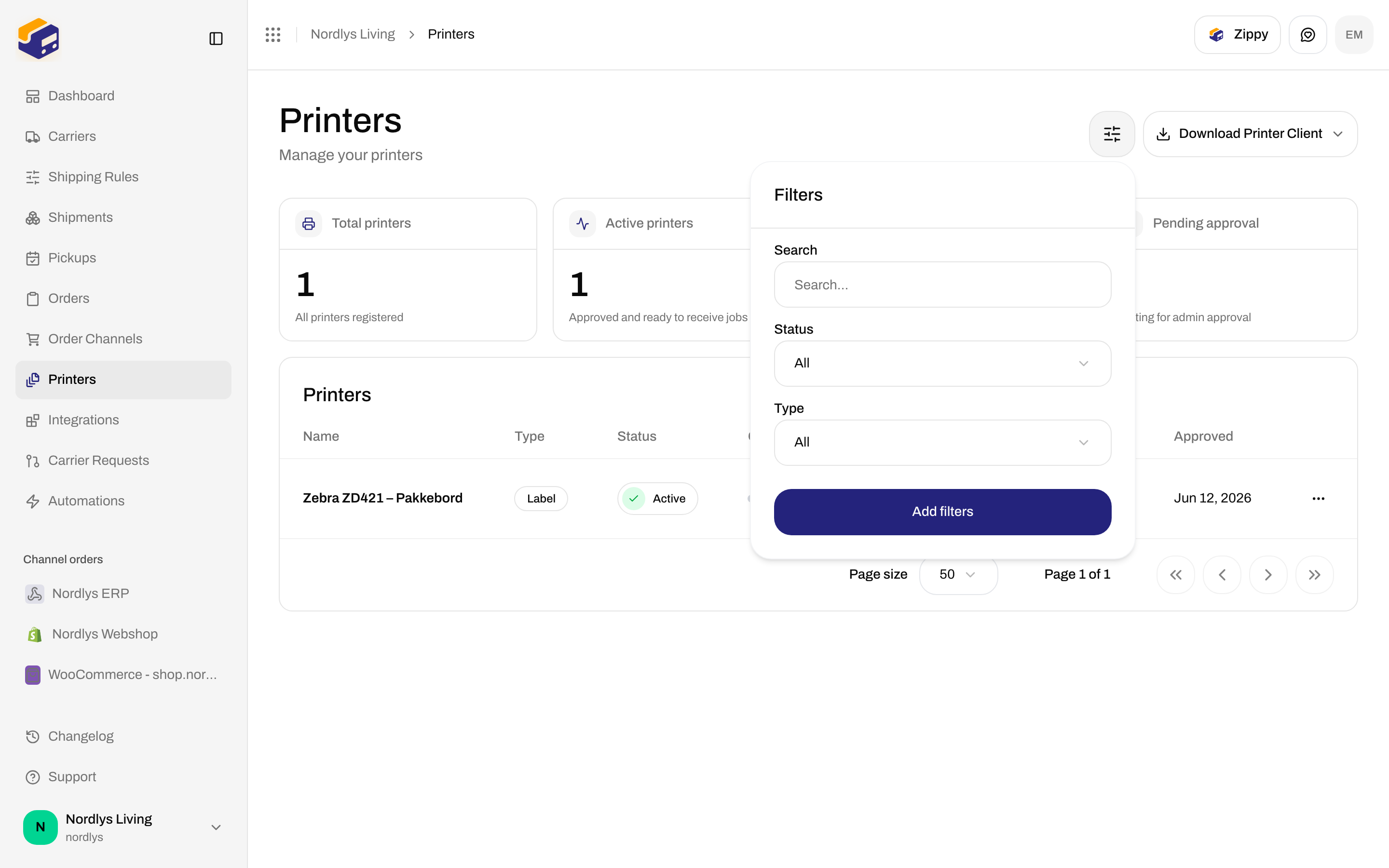 Printers filter popover with Search, Status, and Type fields