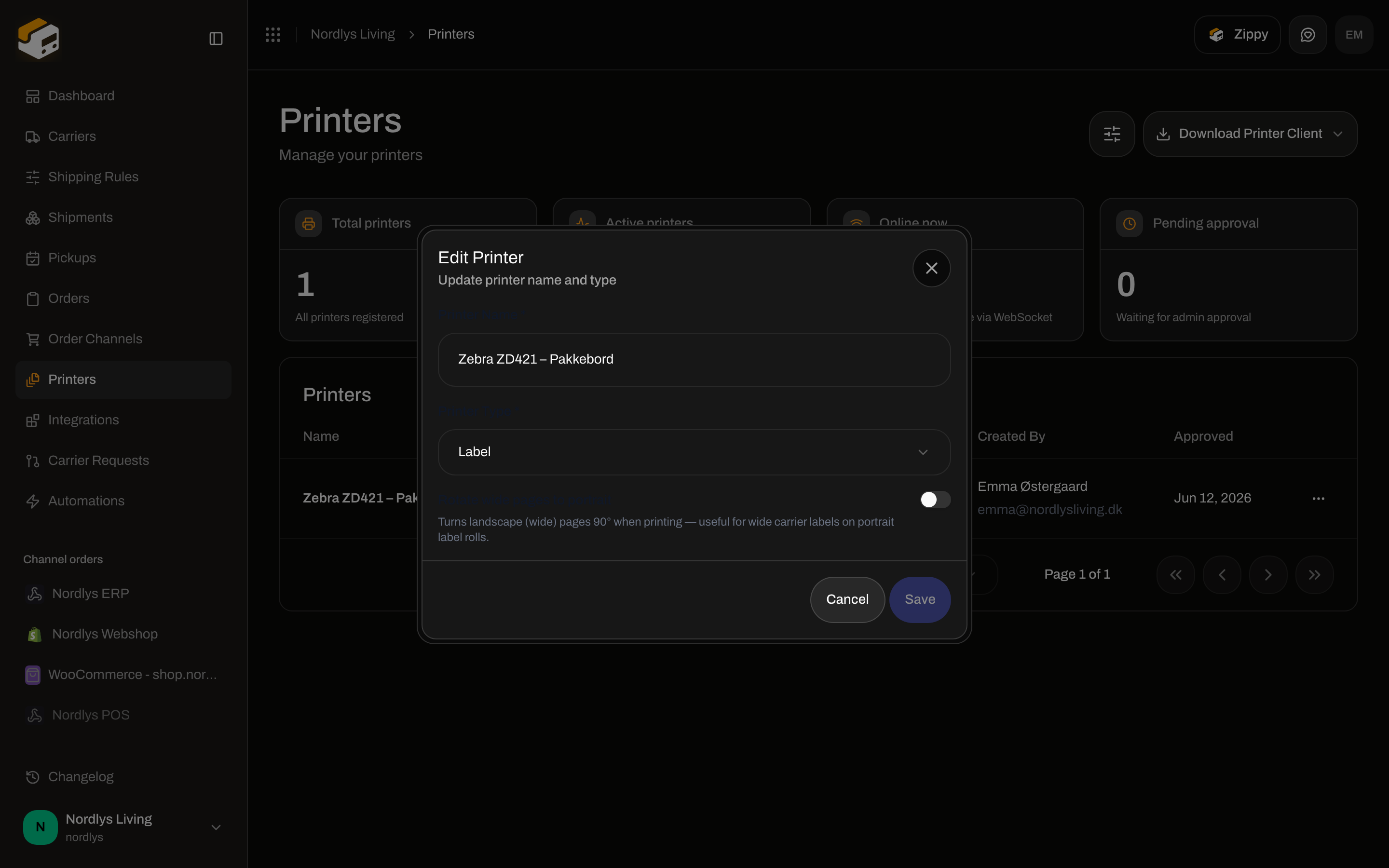 Edit Printer modal with Printer Name, Printer Type Label, and Rotate wide pages to portrait switch