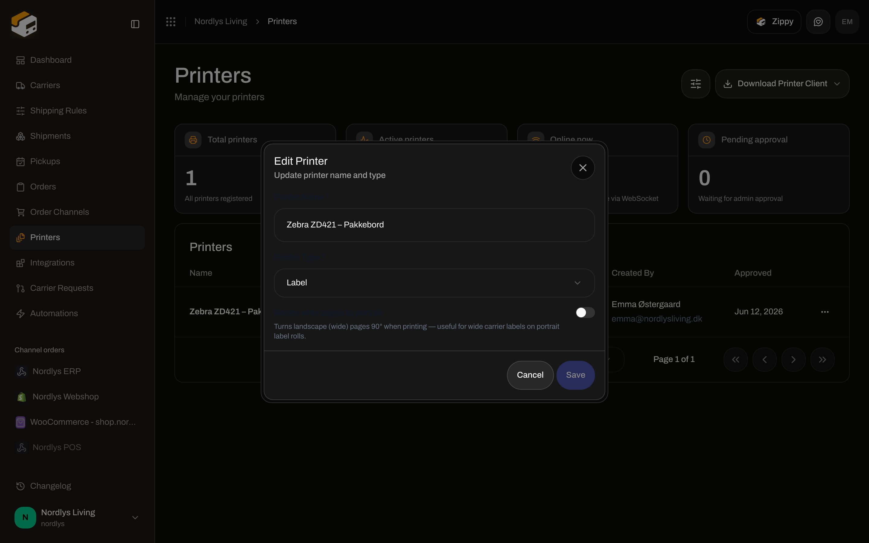 Edit Printer modal with Printer Name, Printer Type Label, and Rotate wide pages to portrait switch