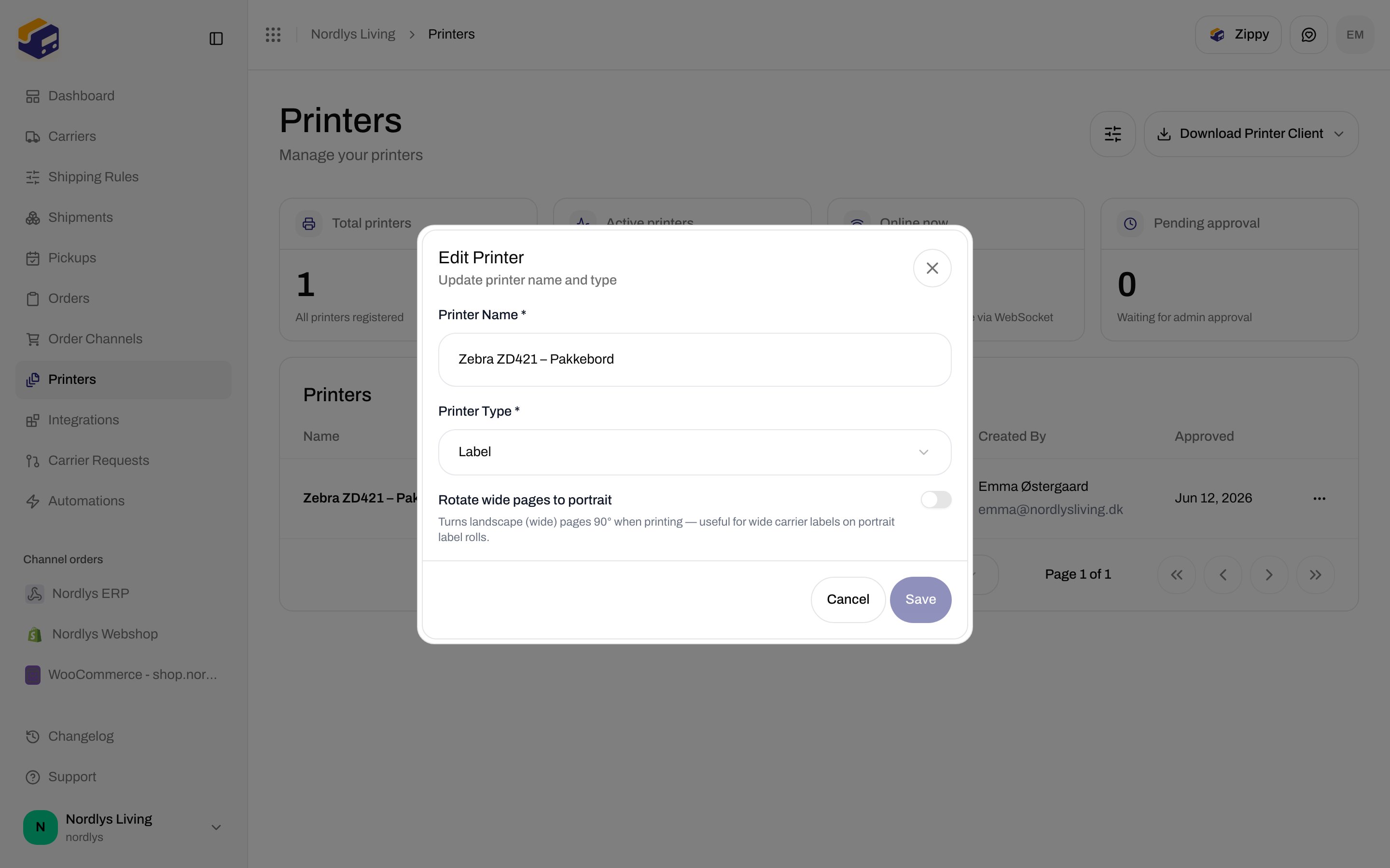 Edit Printer modal with Printer Name, Printer Type Label, and Rotate wide pages to portrait switch