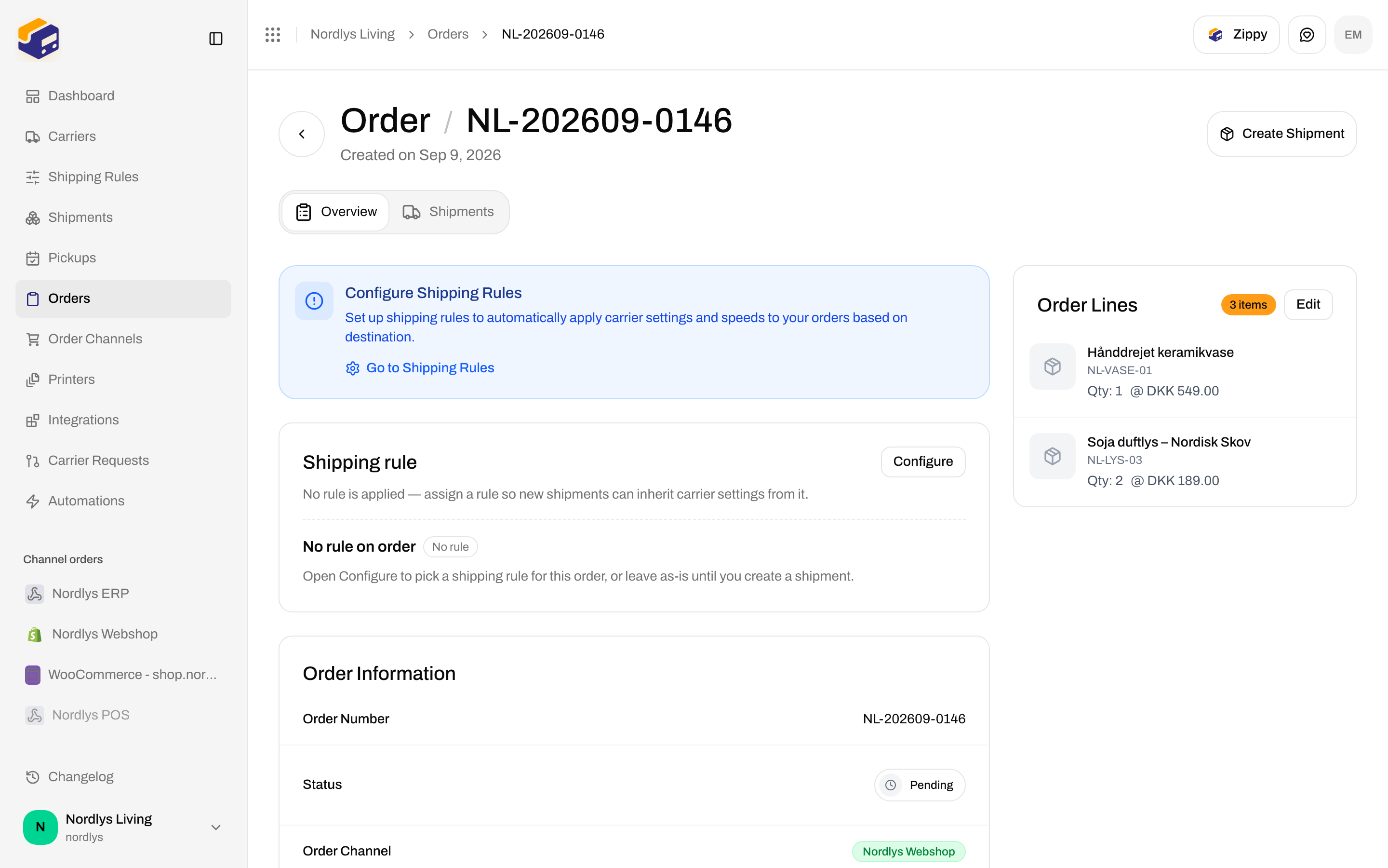 Order Shipping rule card showing the assigned rule name, Active badge, and Configure
