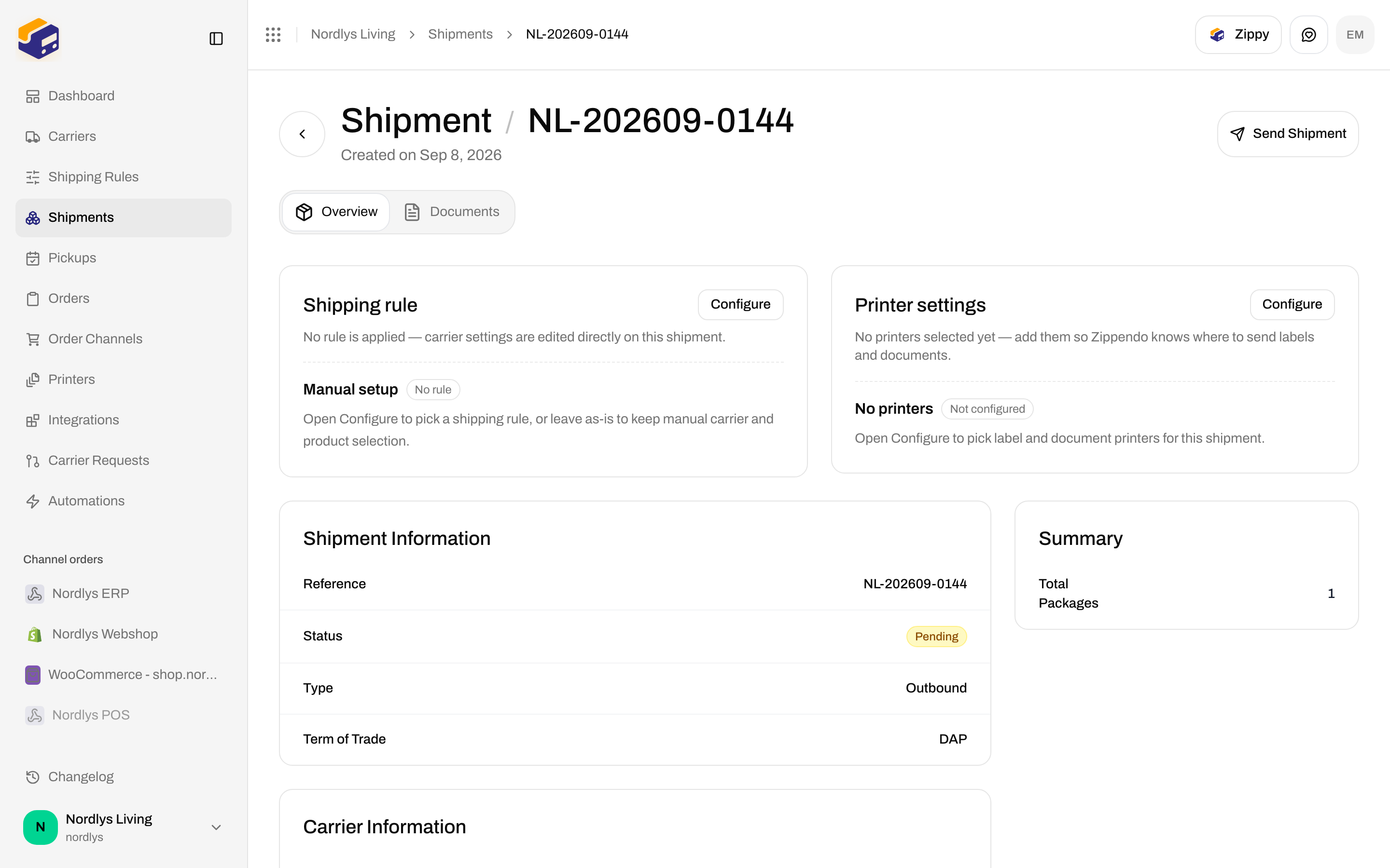 Shipment Overview Shipping rule card with Configure and Manual setup or an active rule