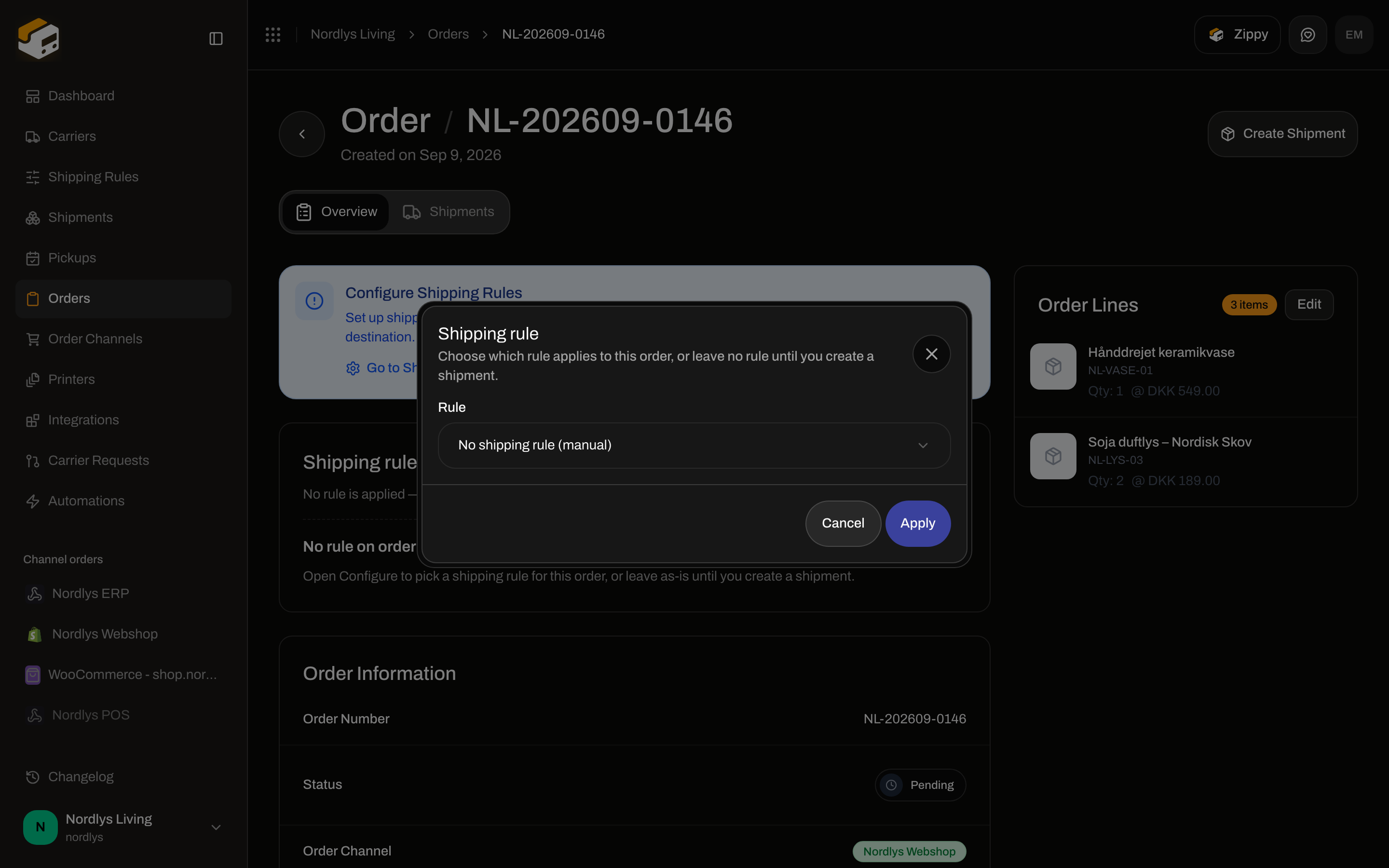Shipping rule modal with Rule select set to No shipping rule (manual) and Apply