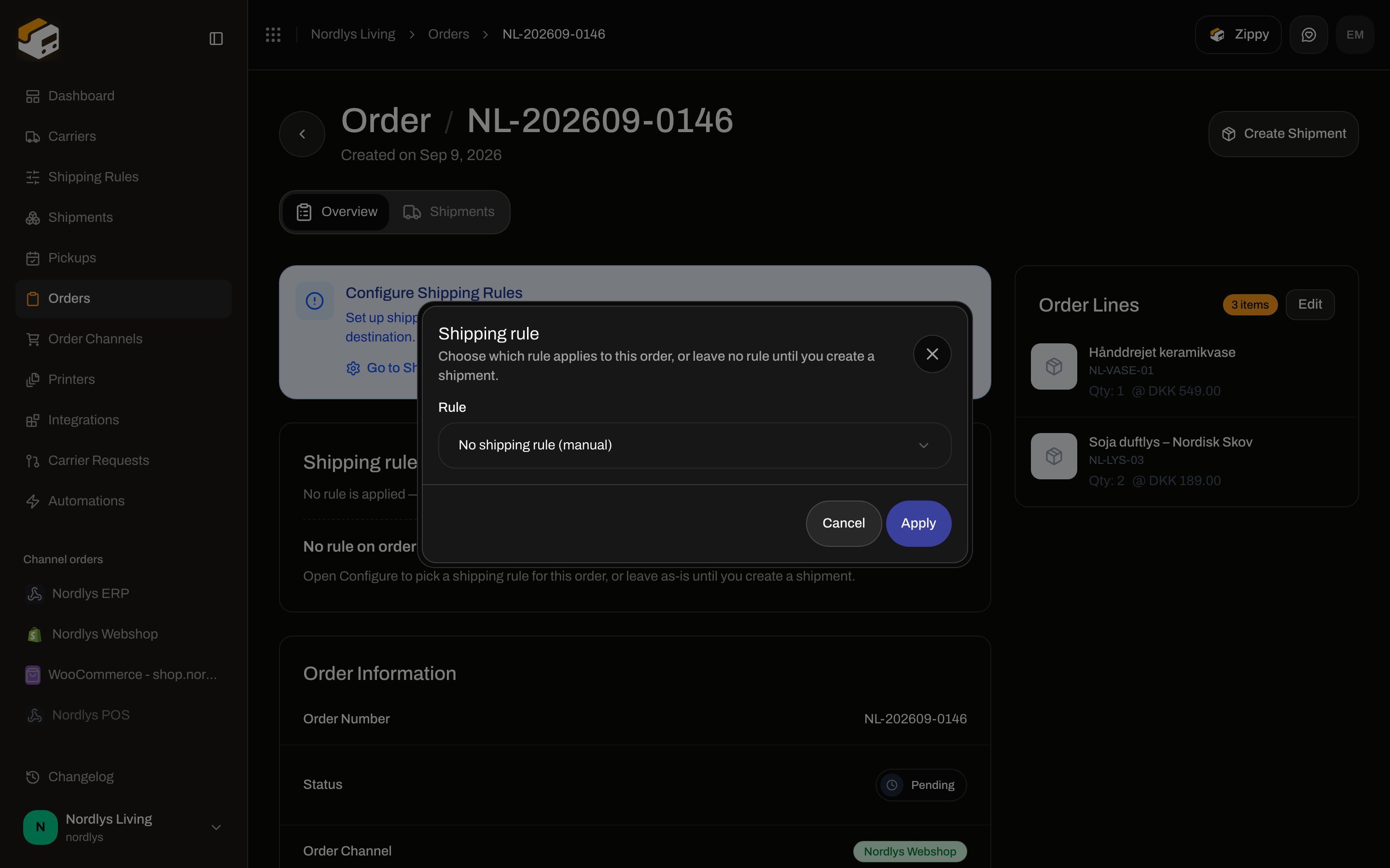Shipping rule modal with Rule select set to No shipping rule (manual) and Apply