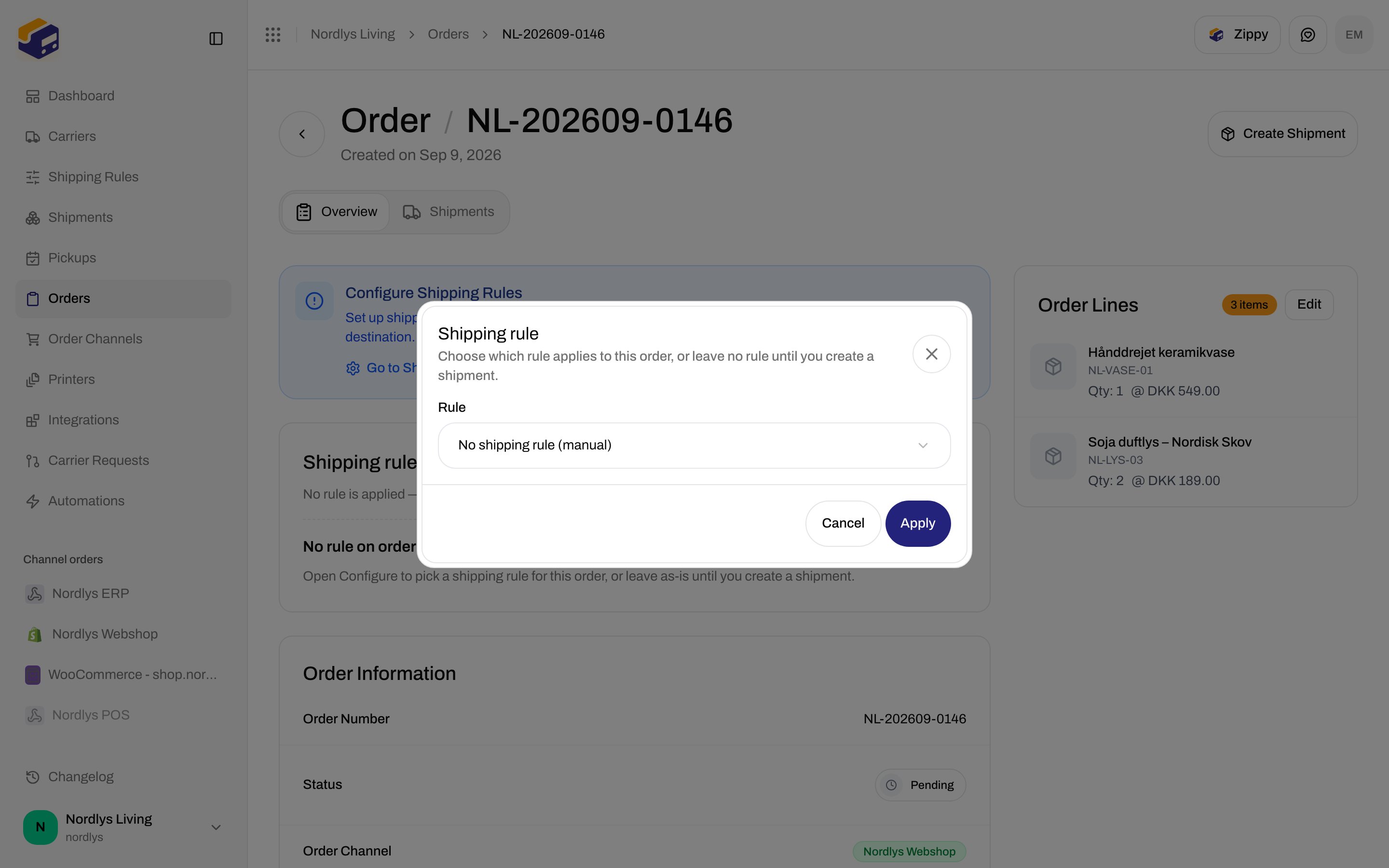 Shipping rule modal with Rule select set to No shipping rule (manual) and Apply