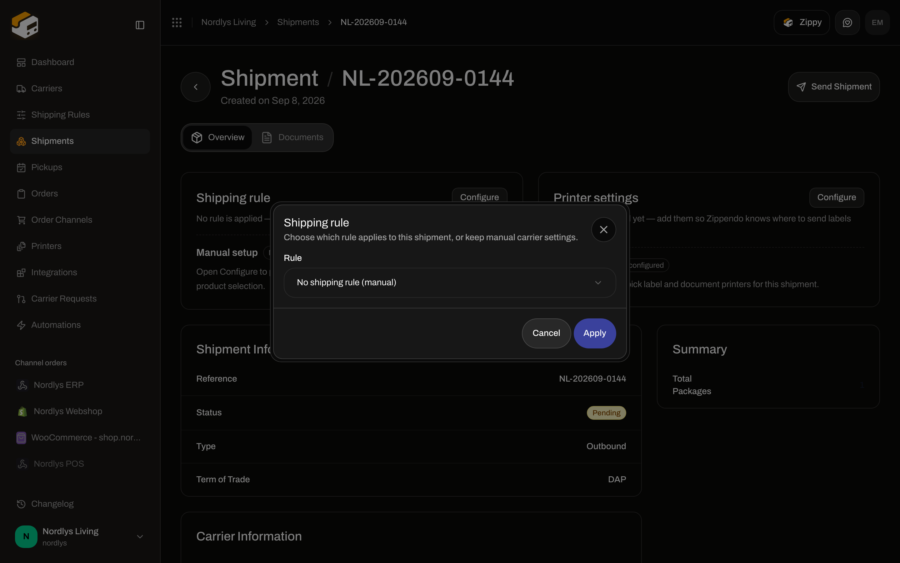 Shipment Shipping rule modal with Rule dropdown and Apply
