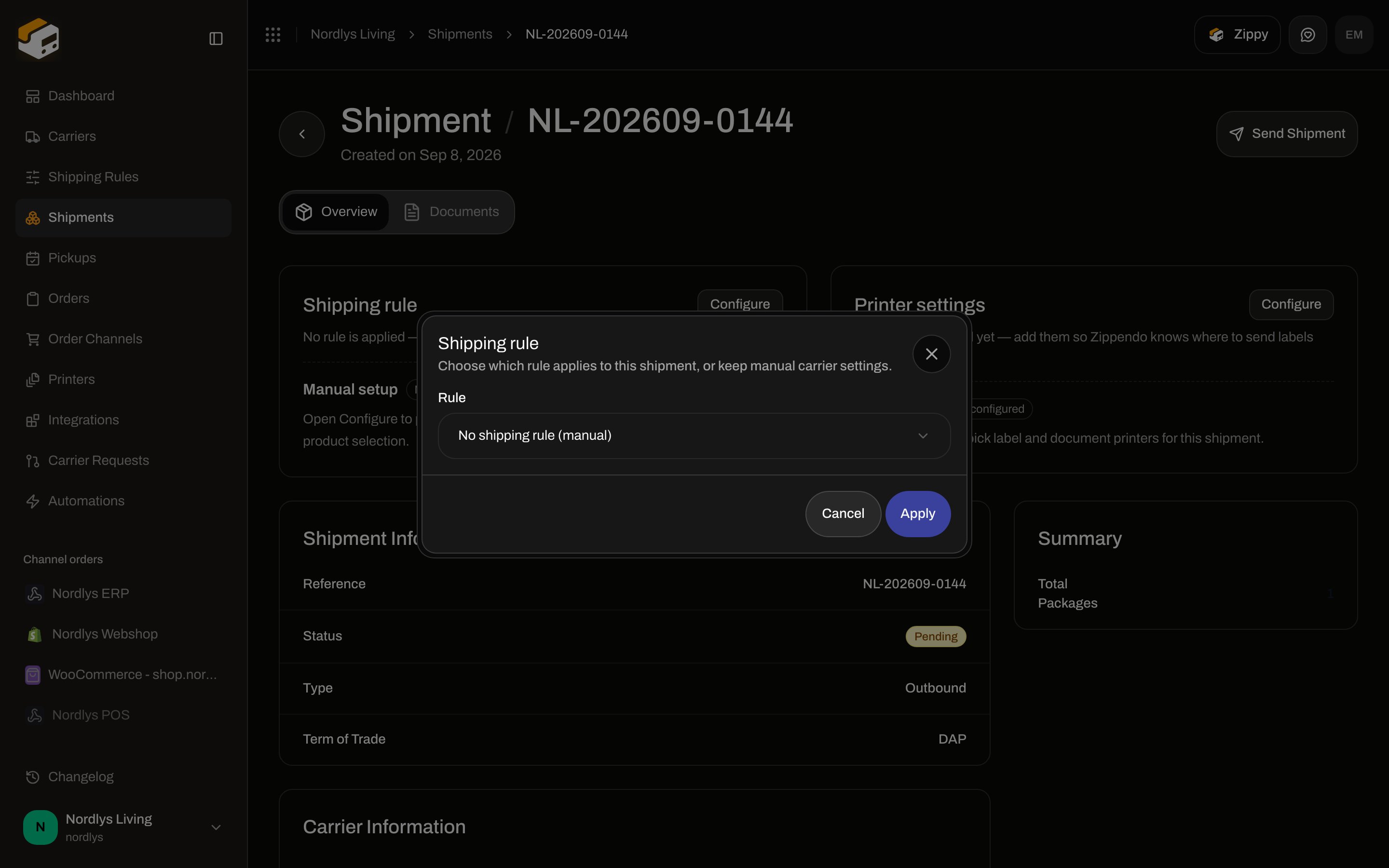 Shipment Shipping rule modal with Rule dropdown and Apply