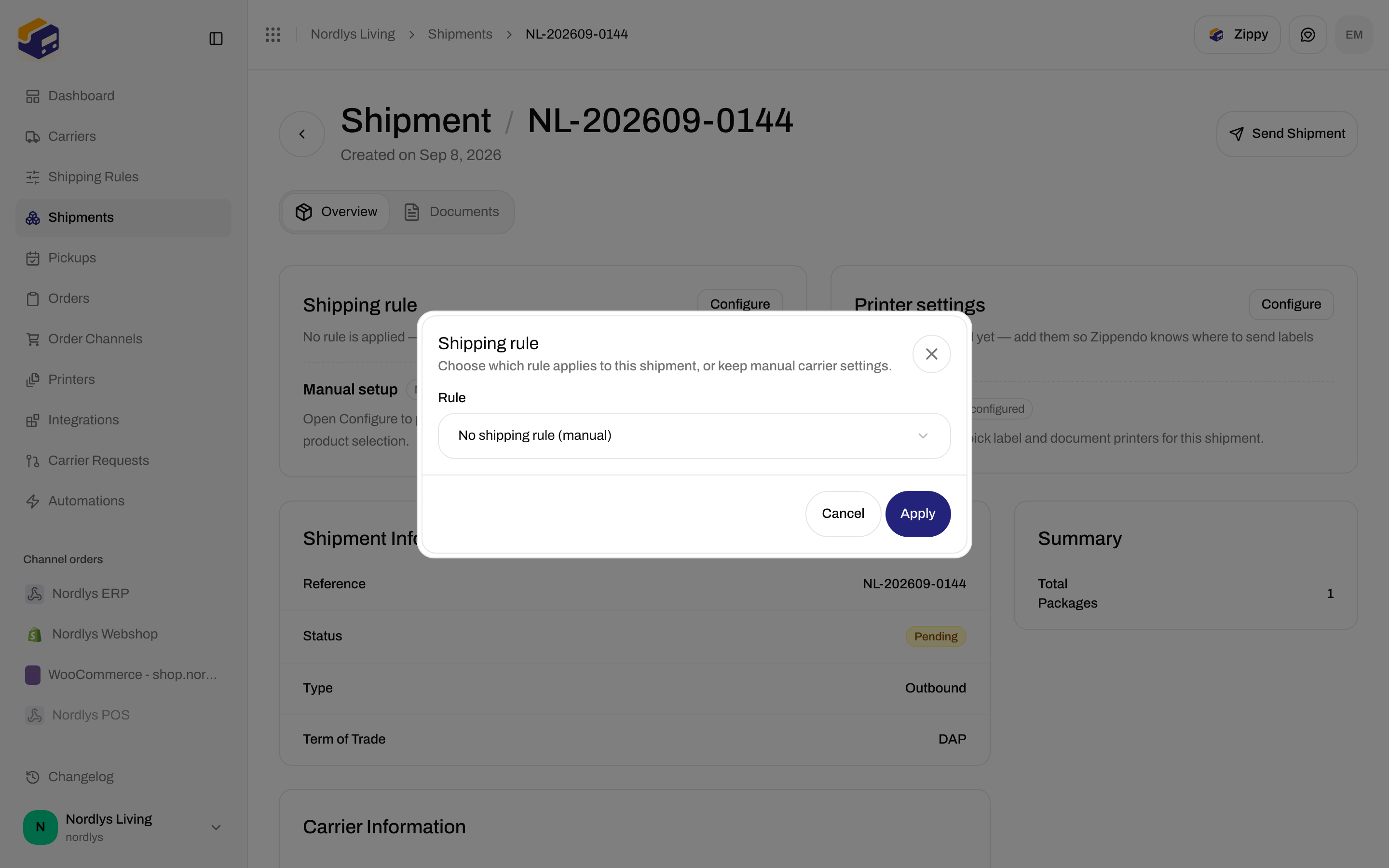 Shipment Shipping rule modal with Rule dropdown and Apply