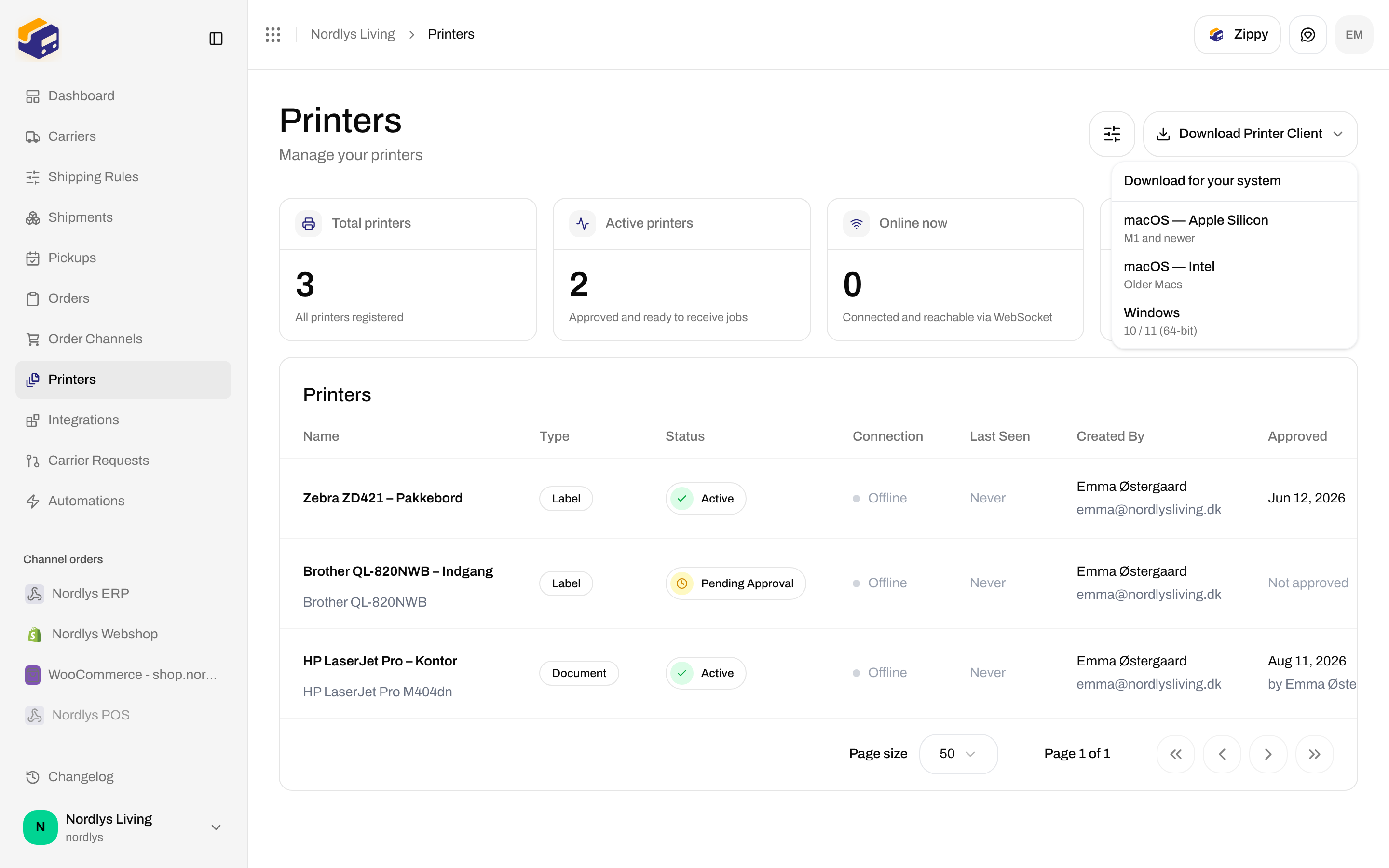 Printers header with Download Printer Client menu open showing macOS and Windows downloads