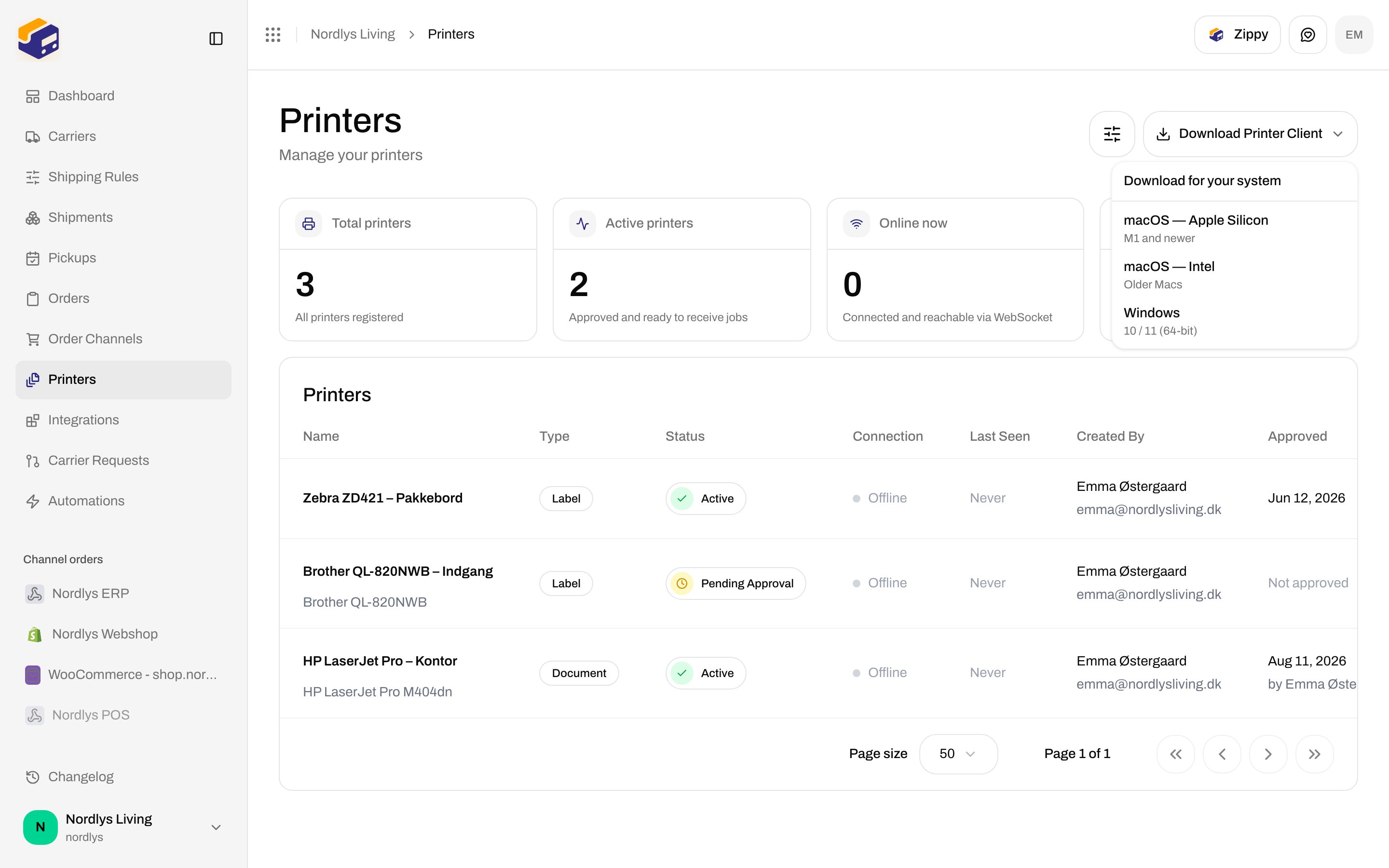 Printers header with Download Printer Client menu open showing macOS and Windows downloads