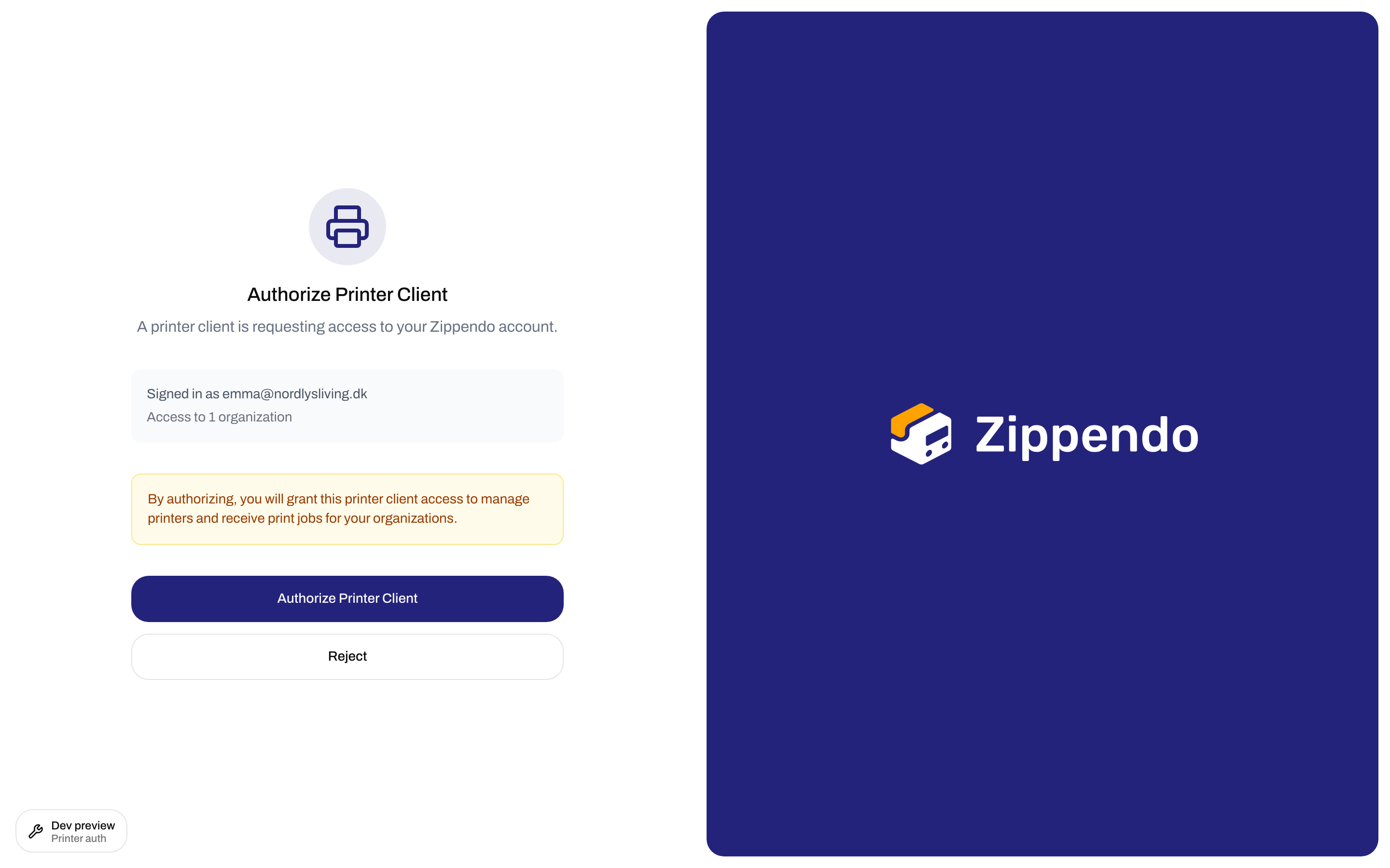 Authorize Printer Client page with signed-in email, access warning, and Authorize Printer Client button