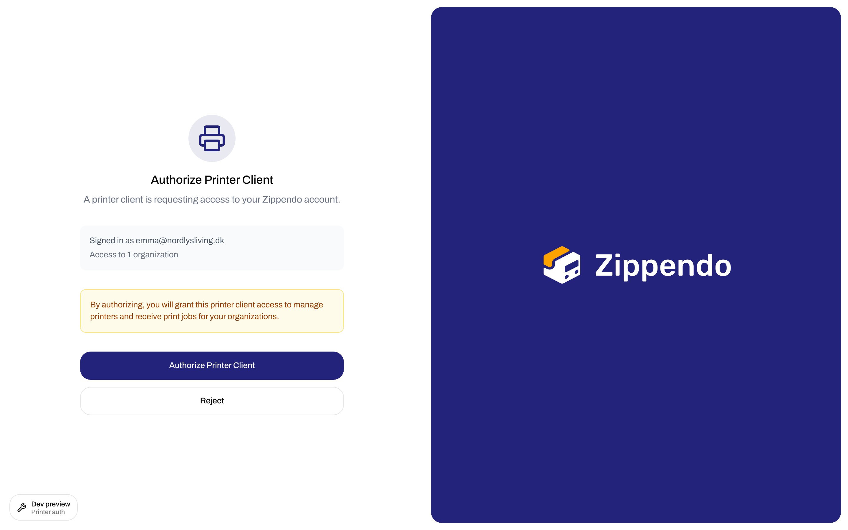 Authorize Printer Client page with signed-in email, access warning, and Authorize Printer Client button