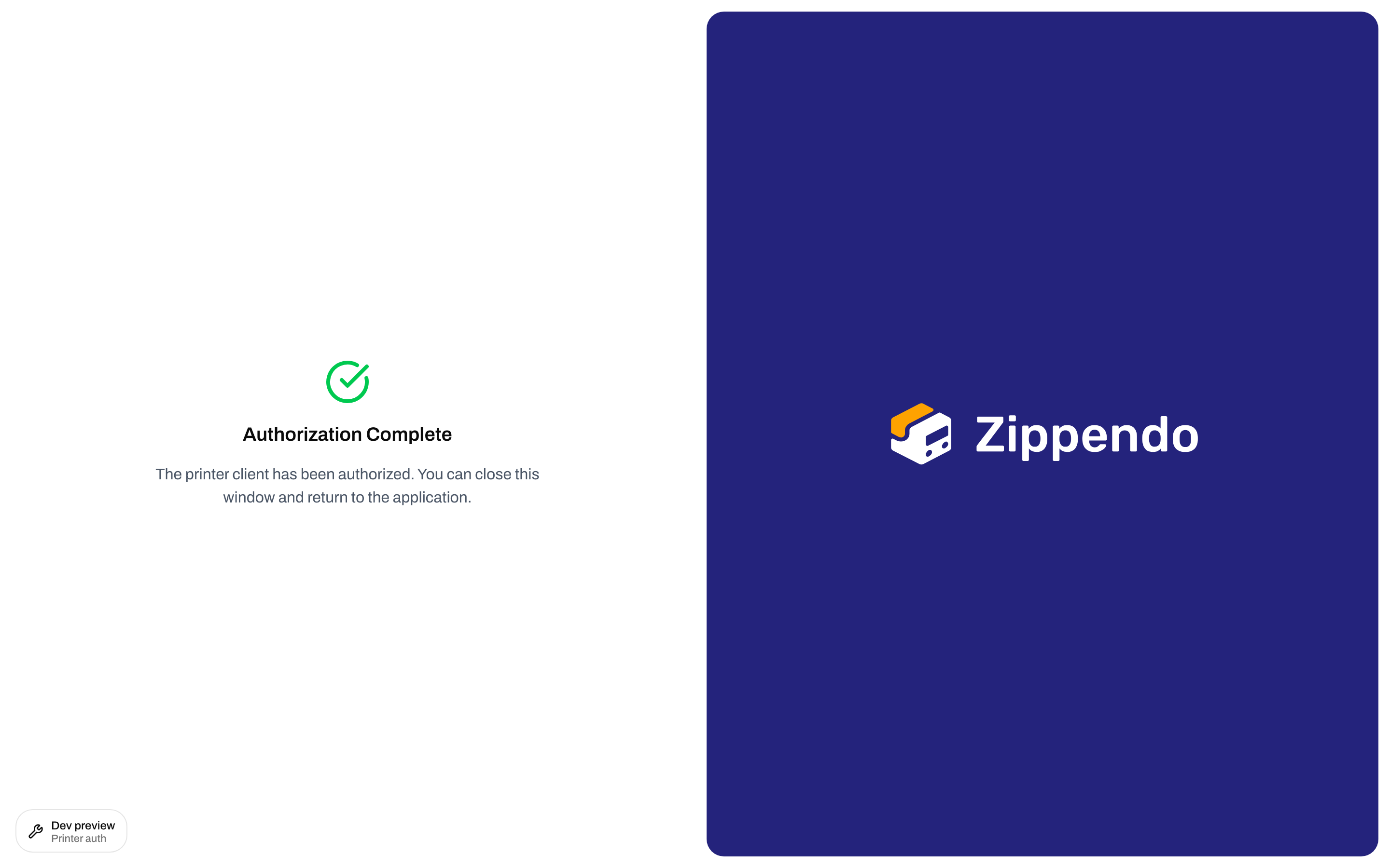 Authorization Complete message after approving the printer client