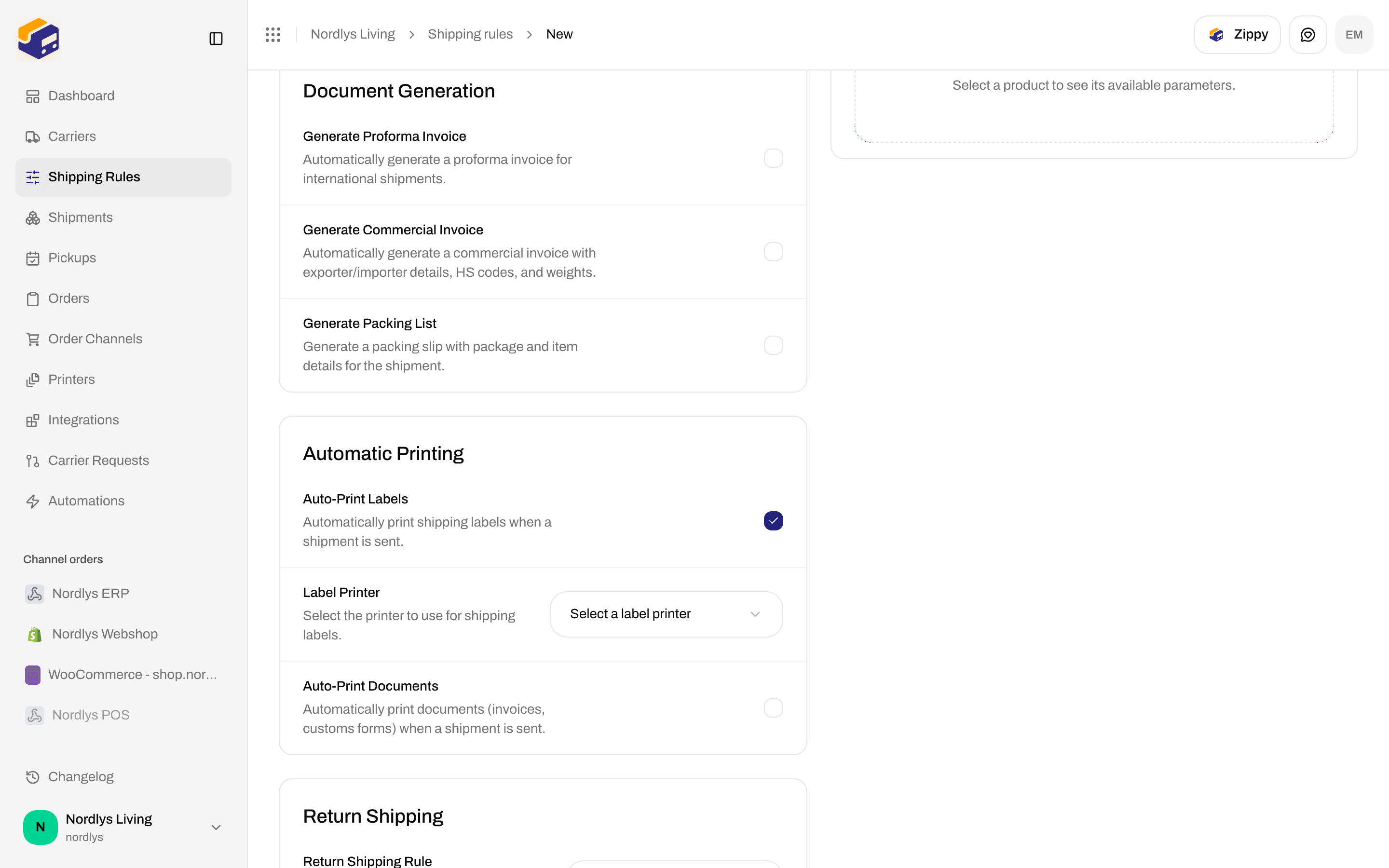 Shipping rule Automatic Printing section with Auto-Print Labels checked and Label Printer dropdown