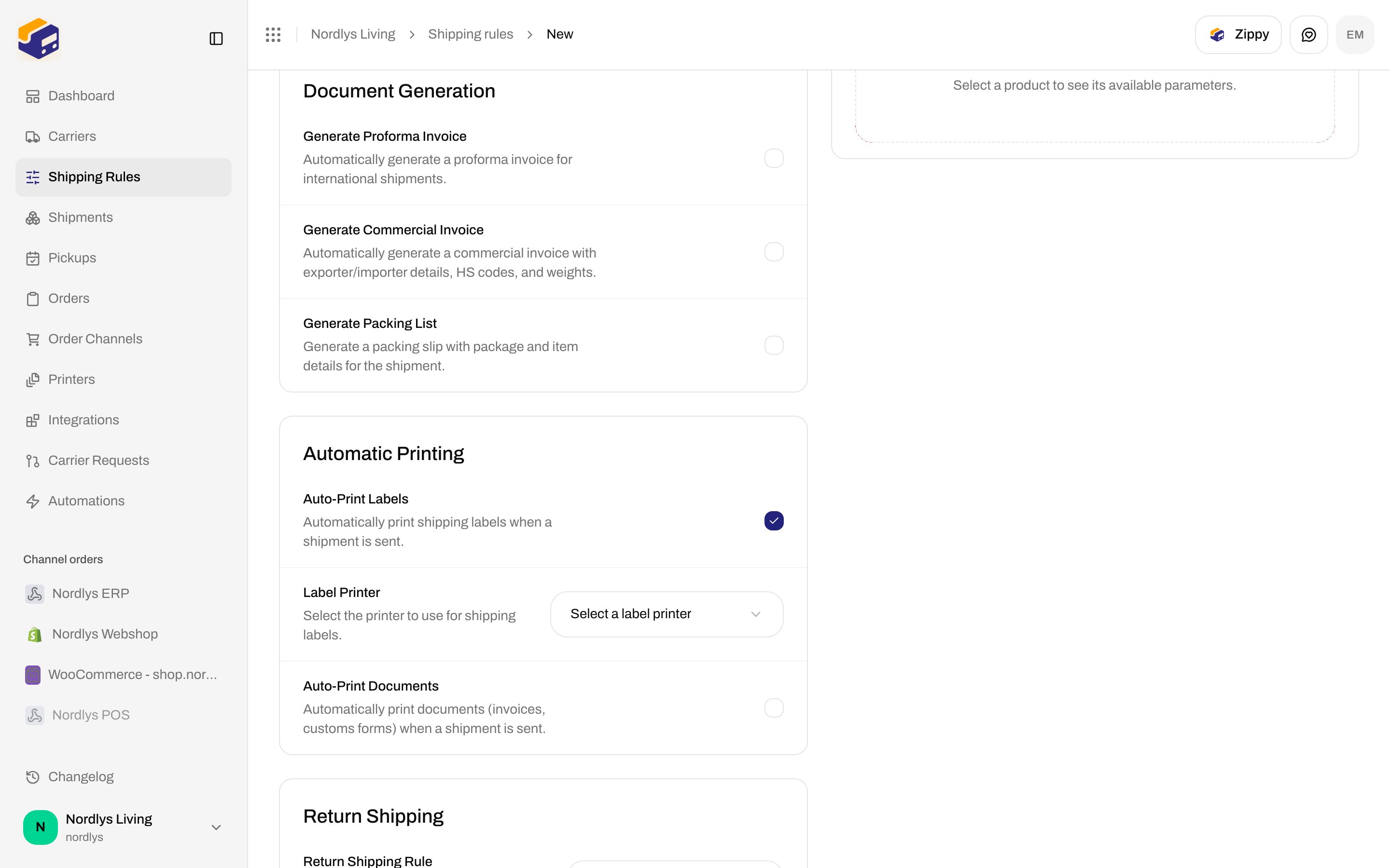 Shipping rule Automatic Printing section with Auto-Print Labels checked and Label Printer dropdown