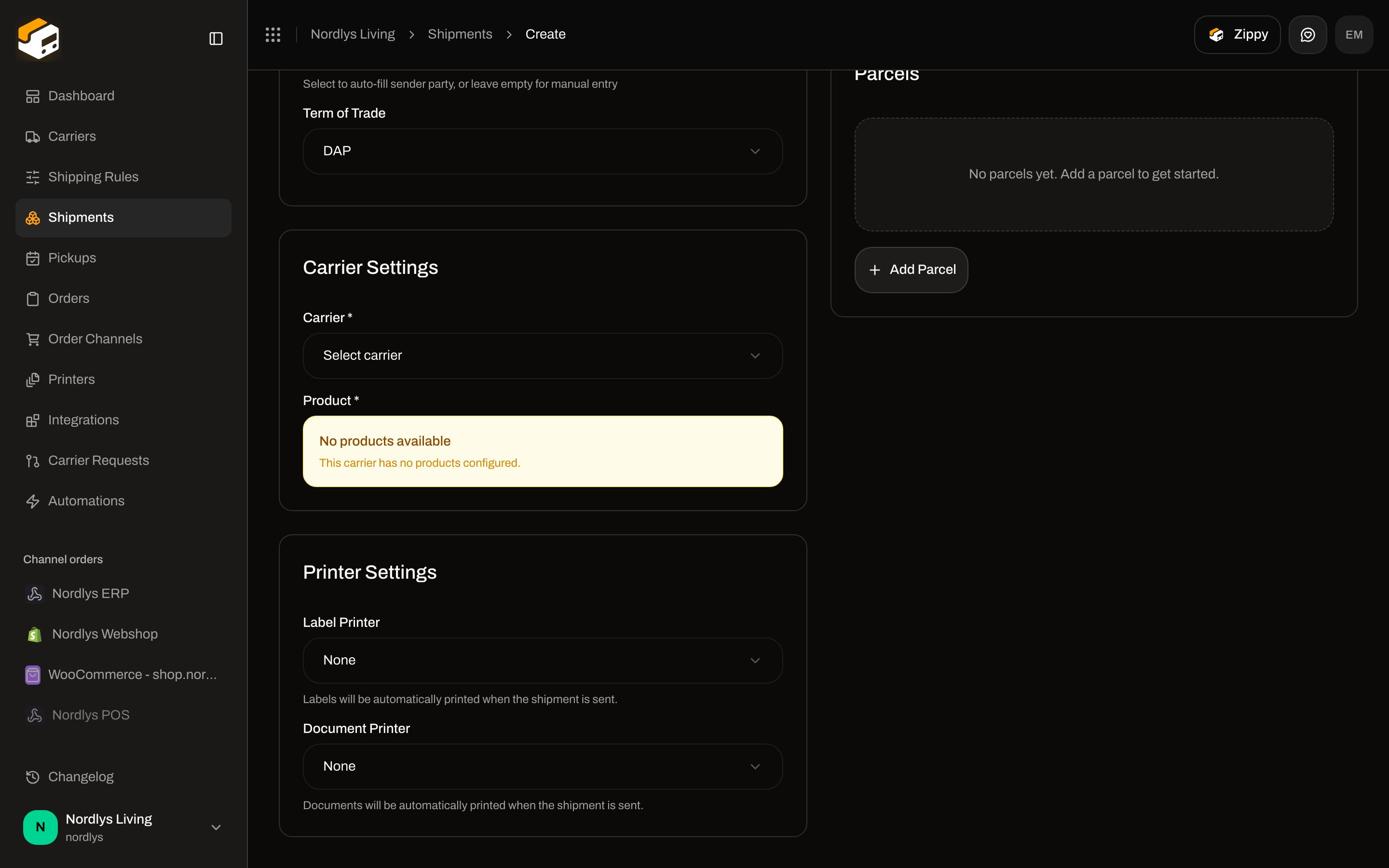 Create Shipment Printer Settings with Label Printer and Document Printer set to None