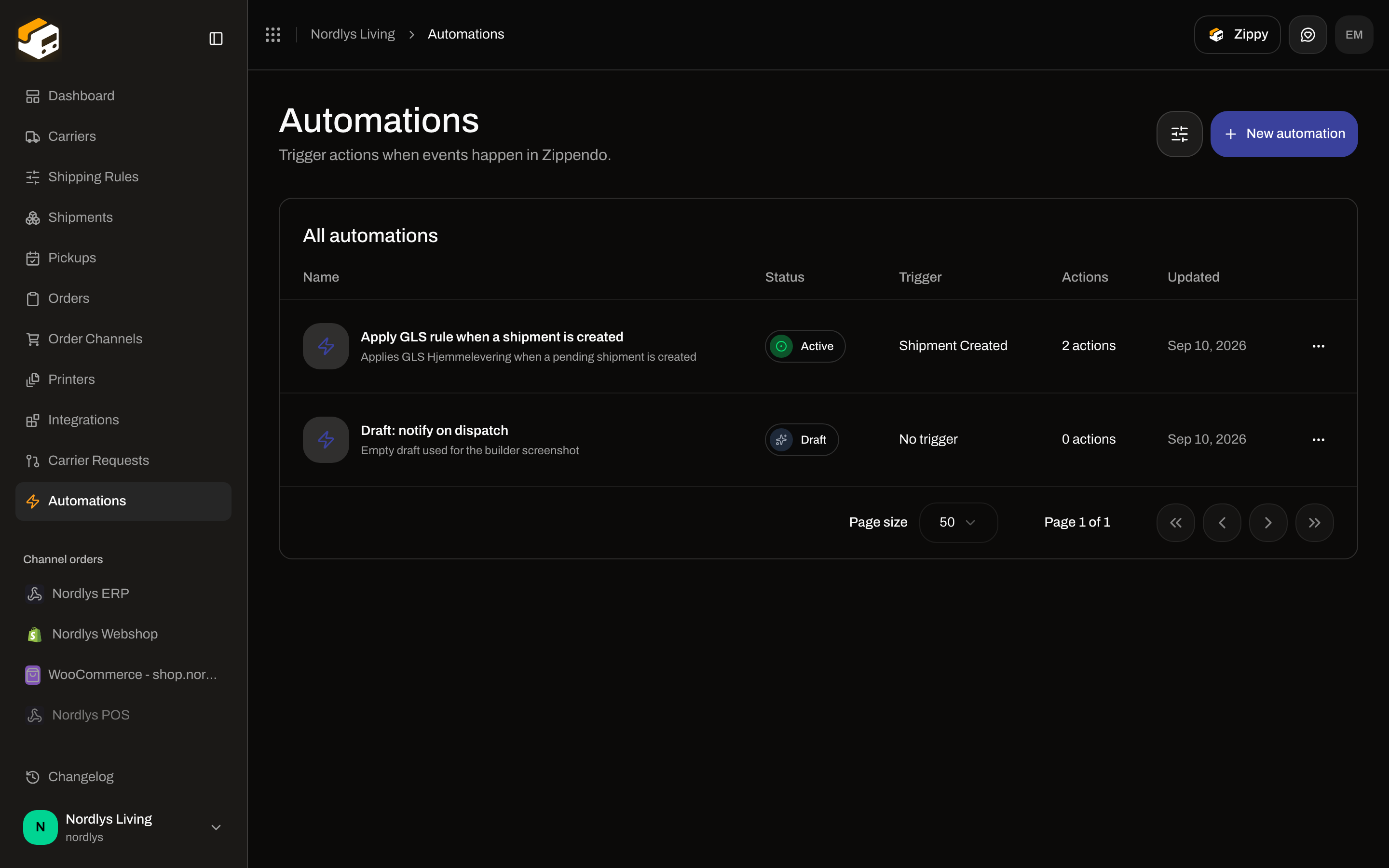 Automations list titled Automations with All automations table and New automation button