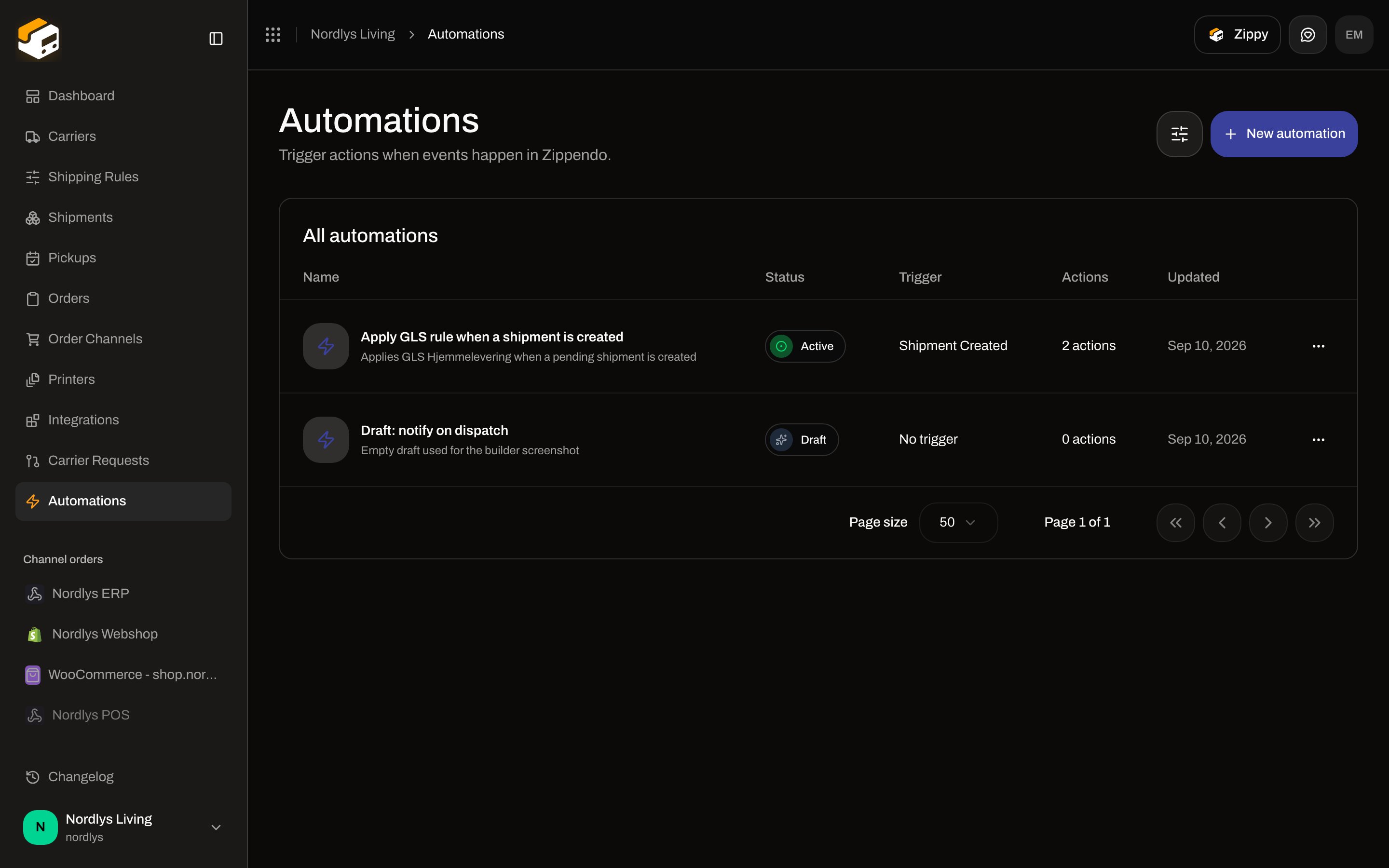 Automations list titled Automations with All automations table and New automation button