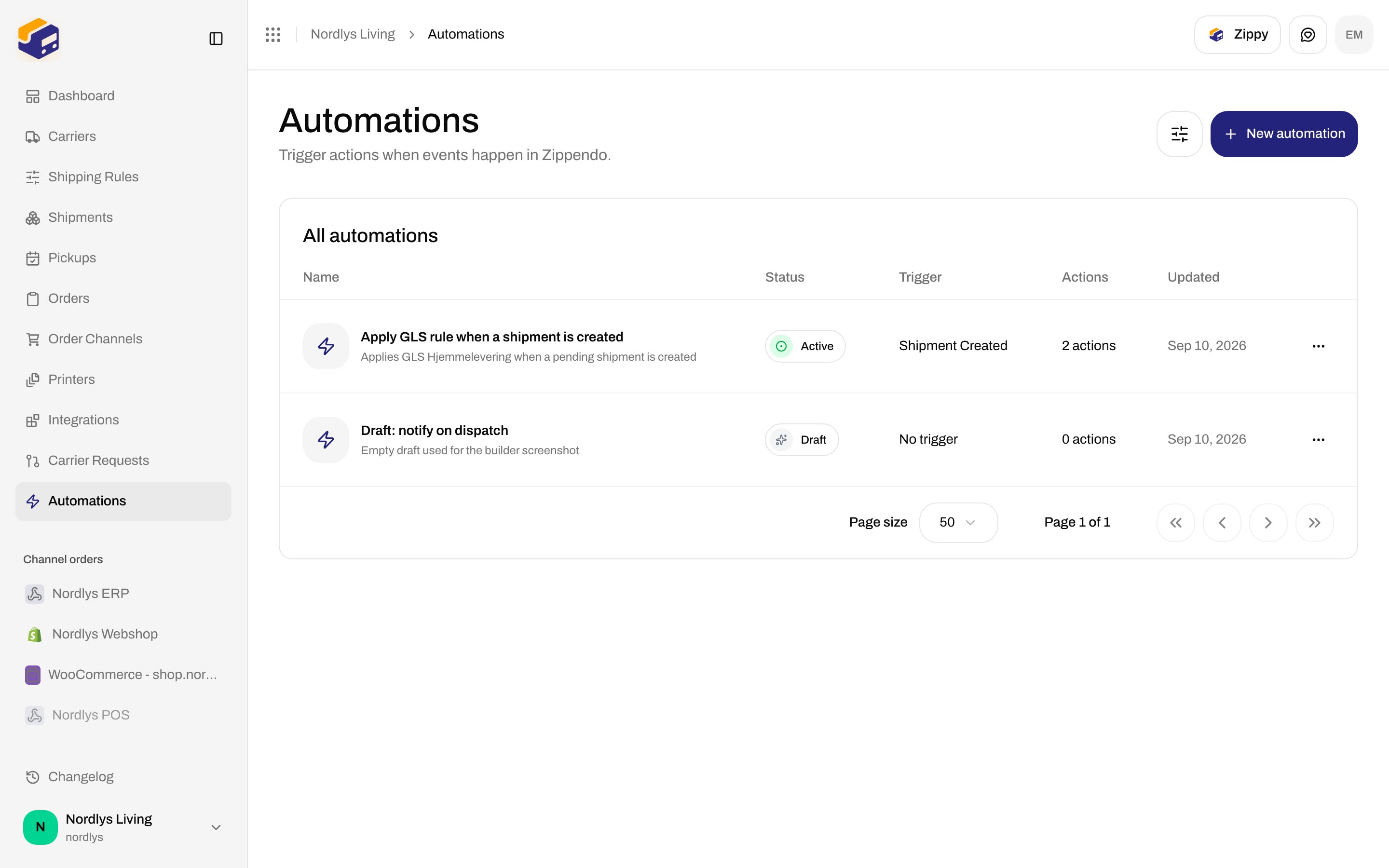 Automations list titled Automations with All automations table and New automation button