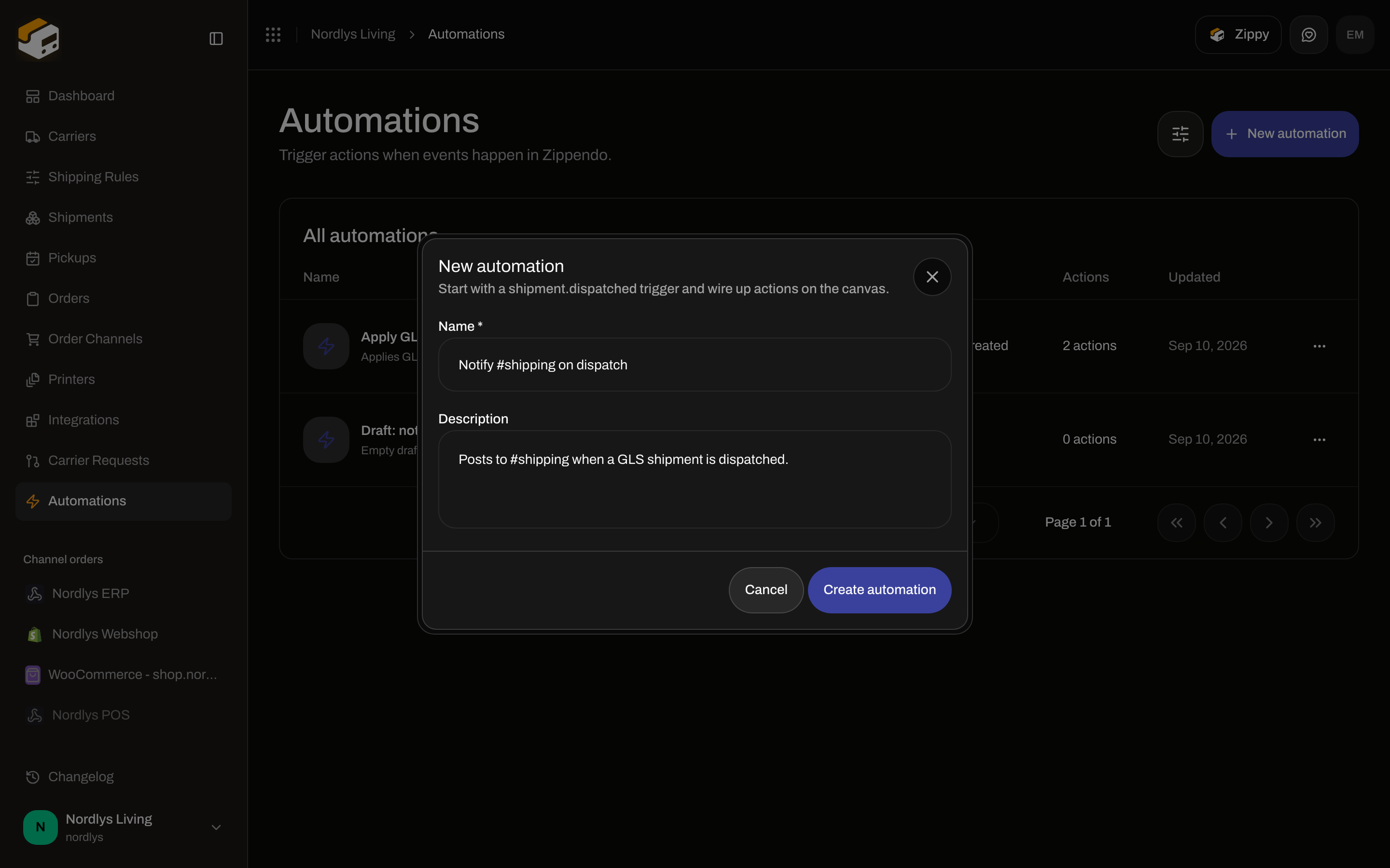 New automation modal with Name, Description, Cancel, and Create automation