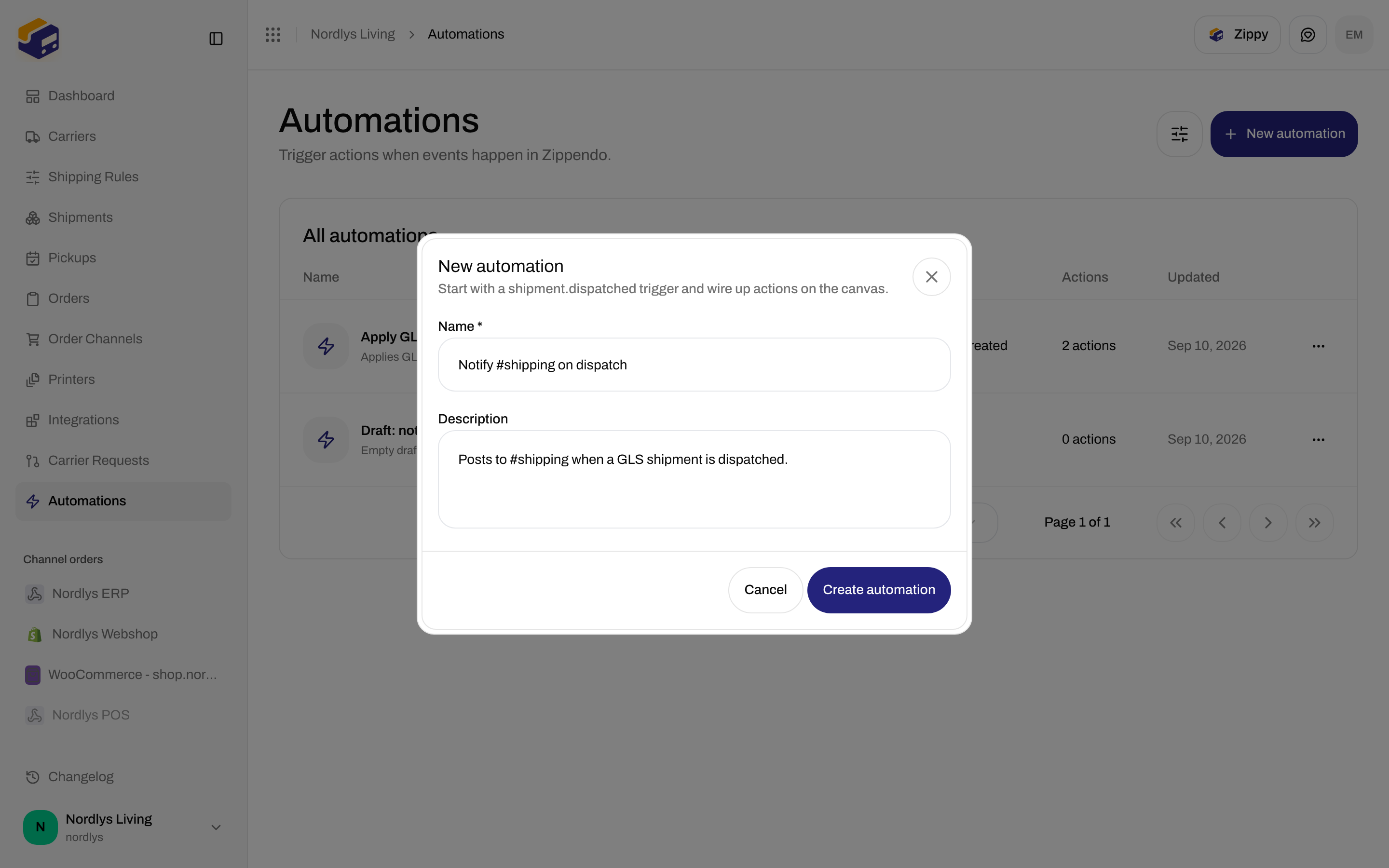 New automation modal with Name, Description, Cancel, and Create automation