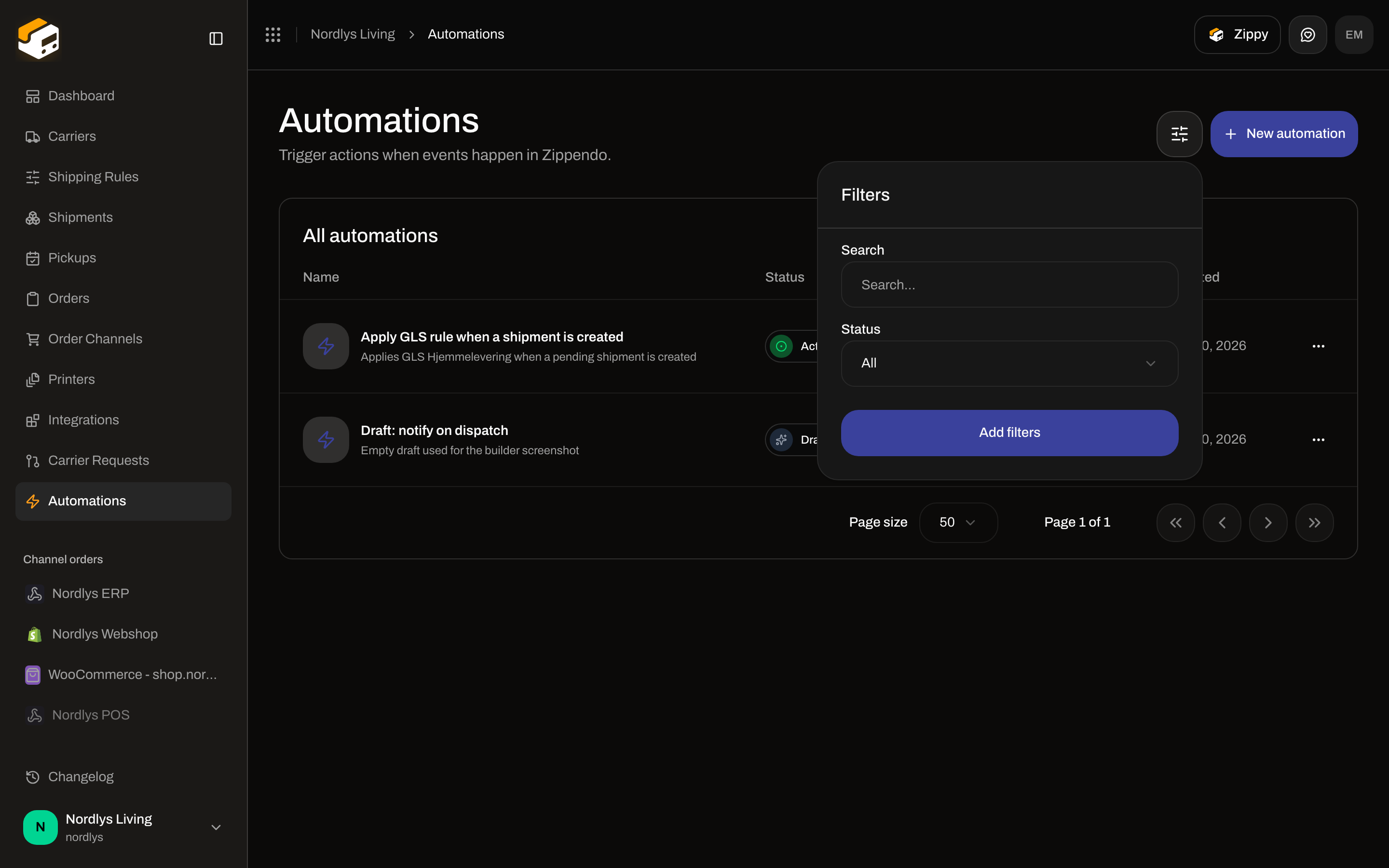 Filters popover with Search and Status on the Automations list