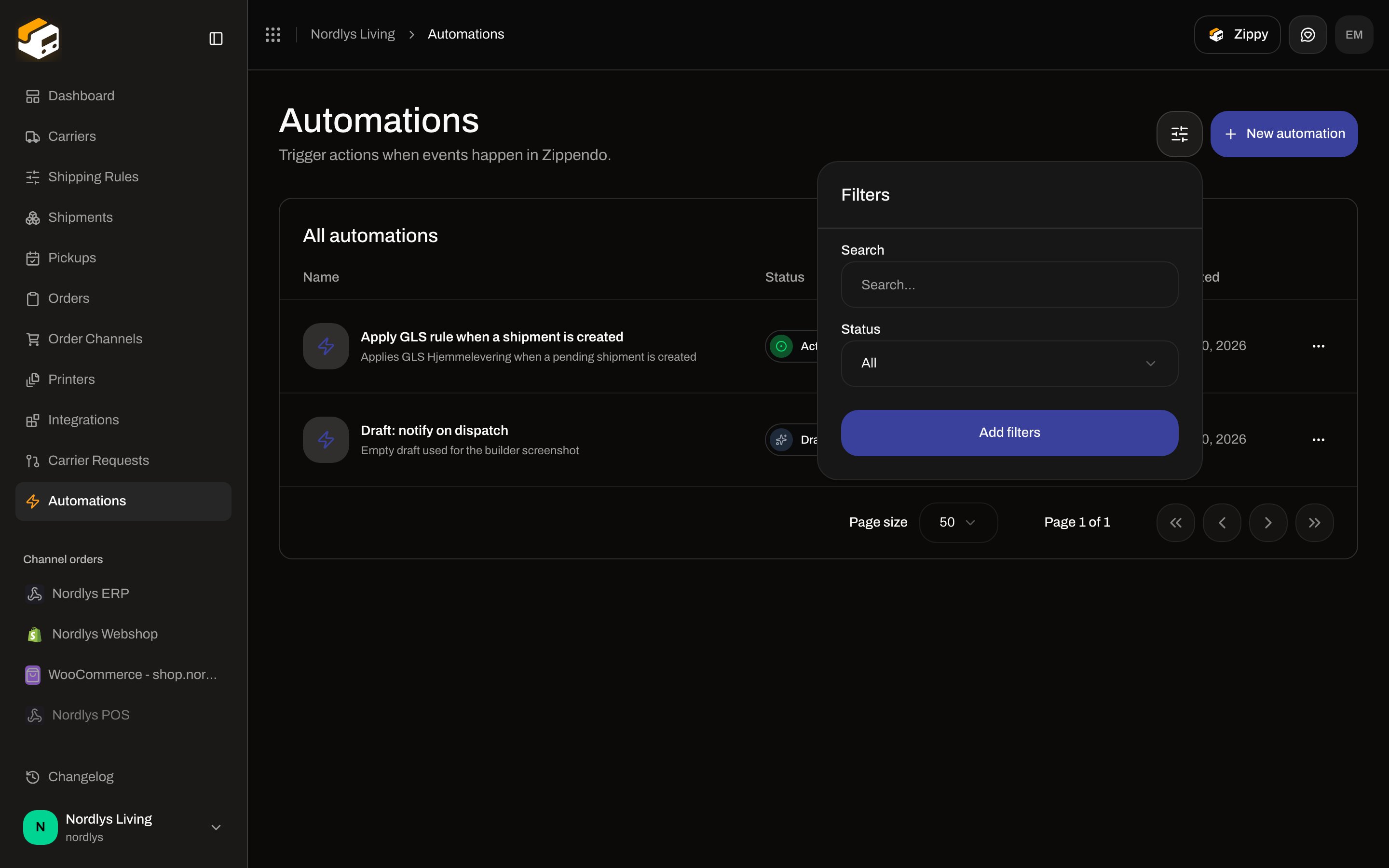 Filters popover with Search and Status on the Automations list