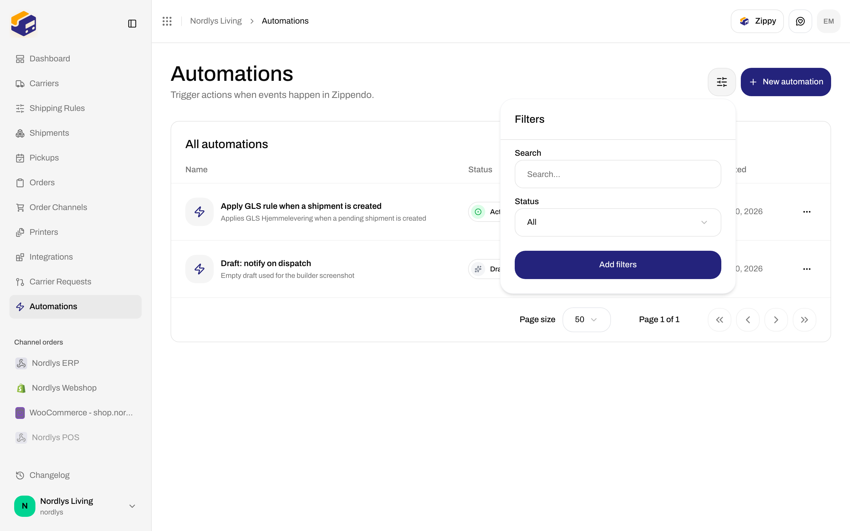 Filters popover with Search and Status on the Automations list