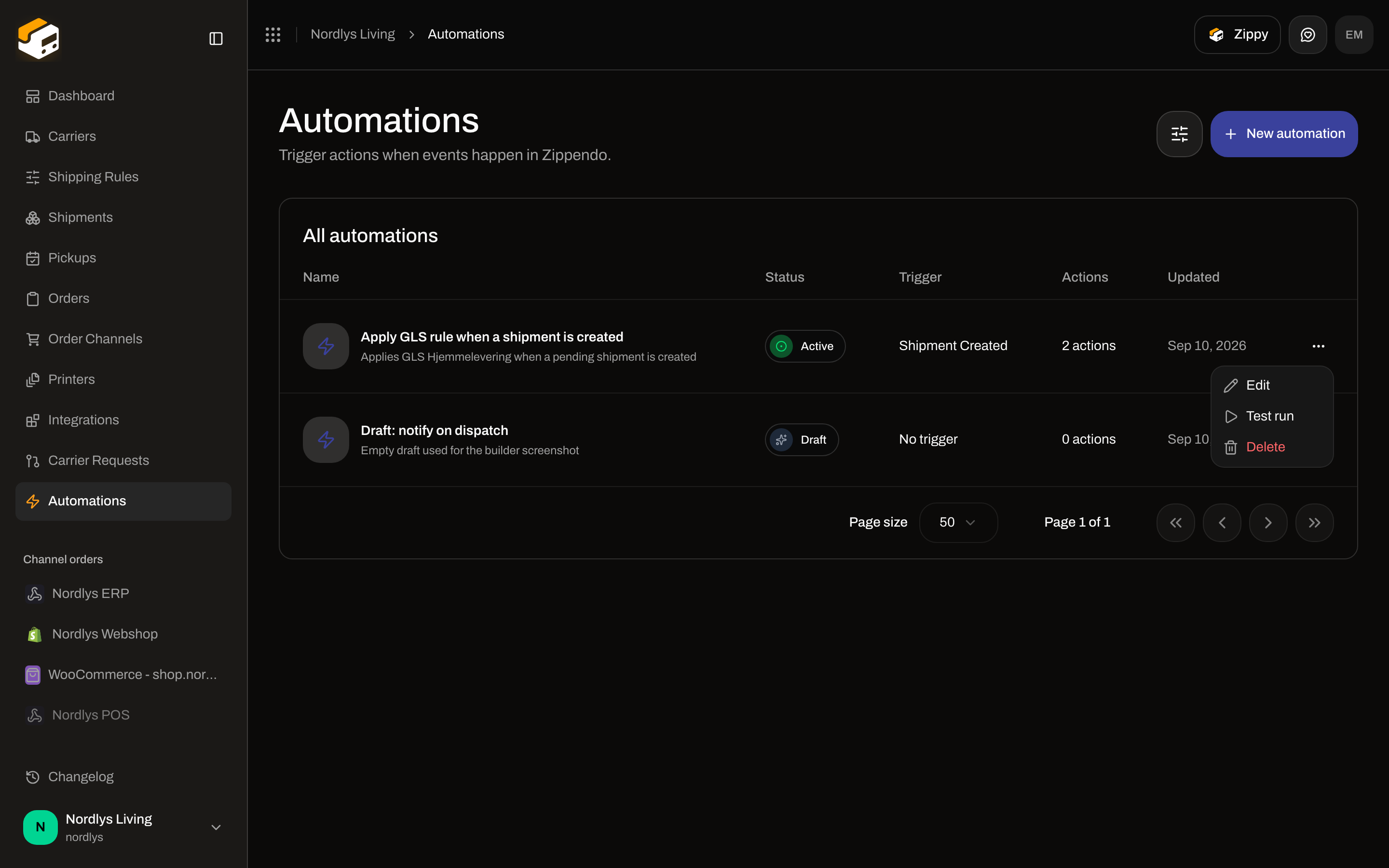 Automations row menu with Edit, Test run, and Delete