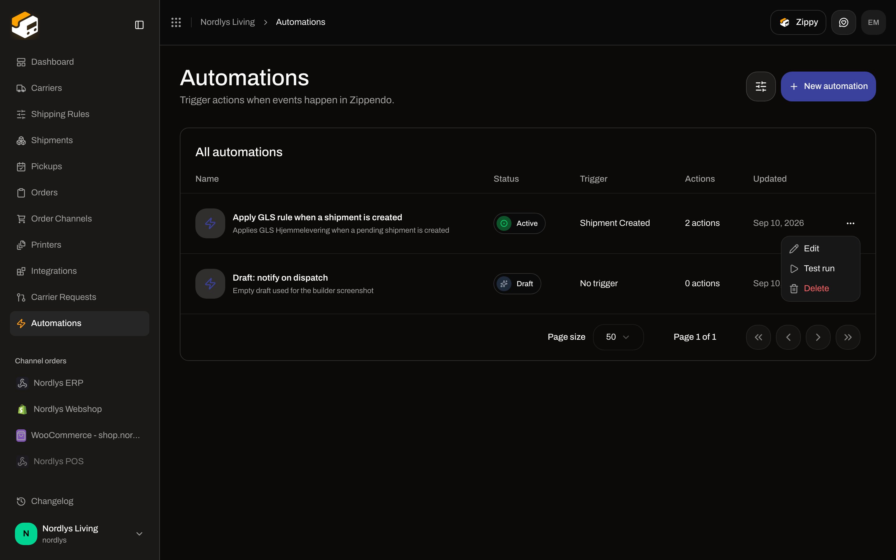 Automations row menu with Edit, Test run, and Delete