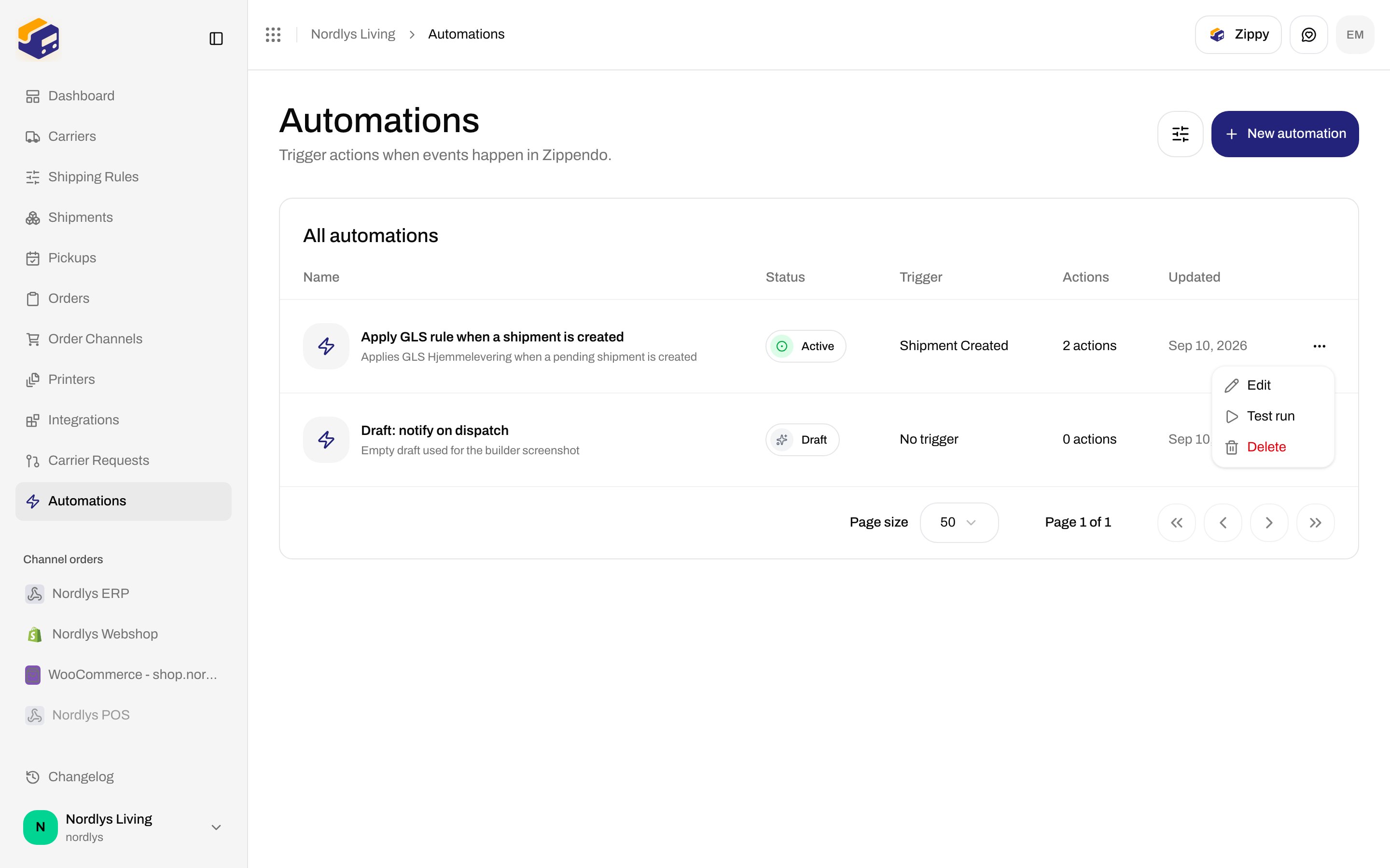 Automations row menu with Edit, Test run, and Delete