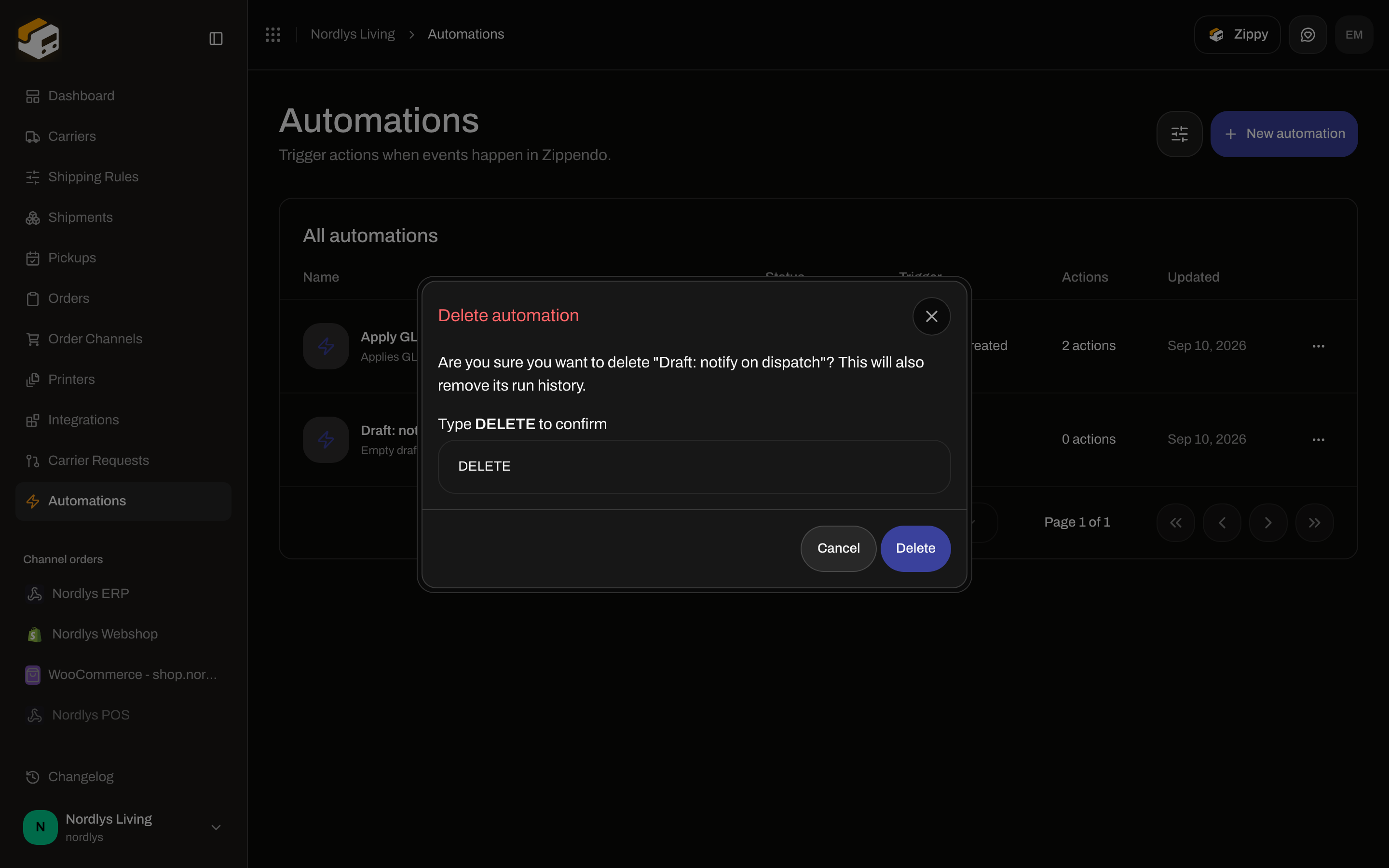 Delete automation modal asking to type DELETE to confirm