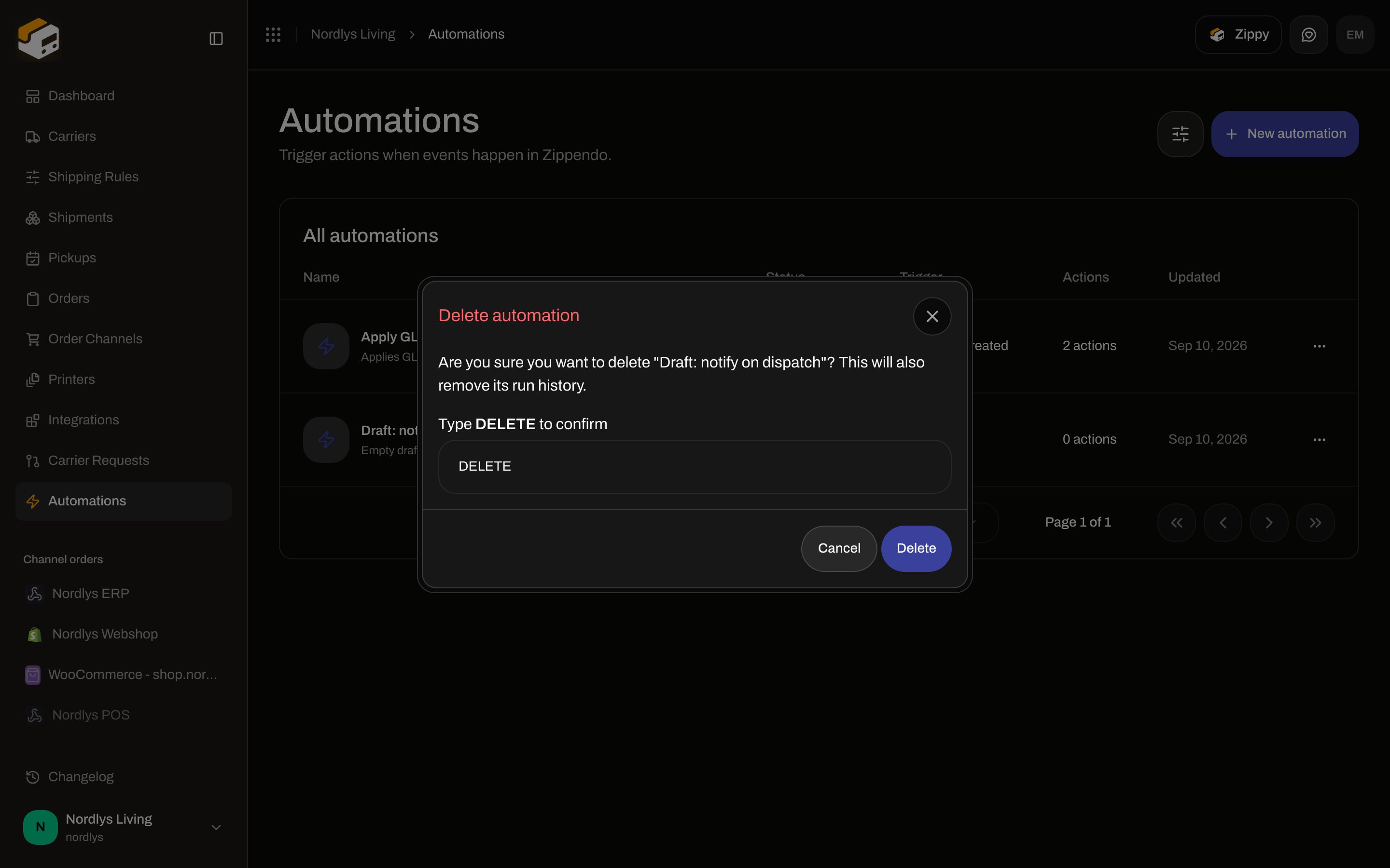 Delete automation modal asking to type DELETE to confirm