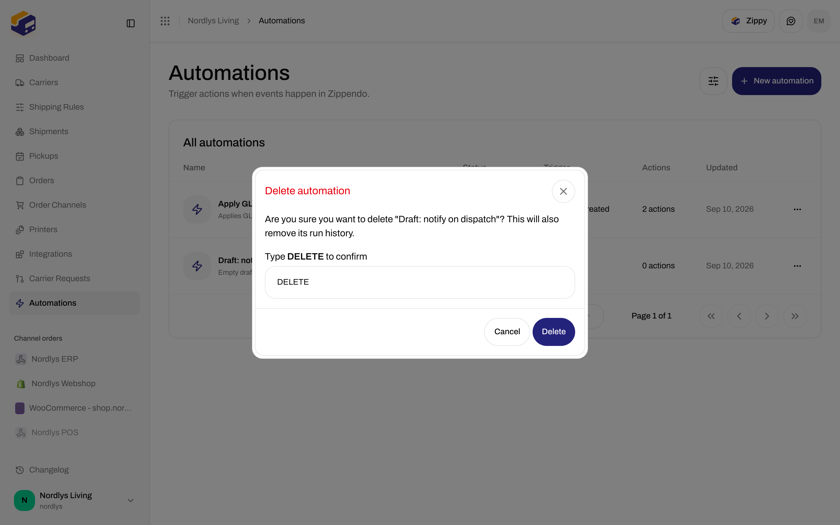 Delete automation modal asking to type DELETE to confirm