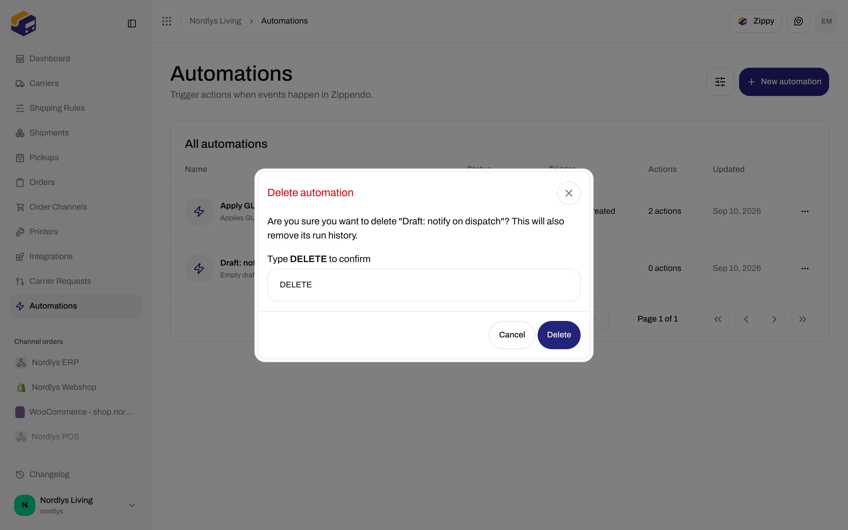Delete automation modal asking to type DELETE to confirm