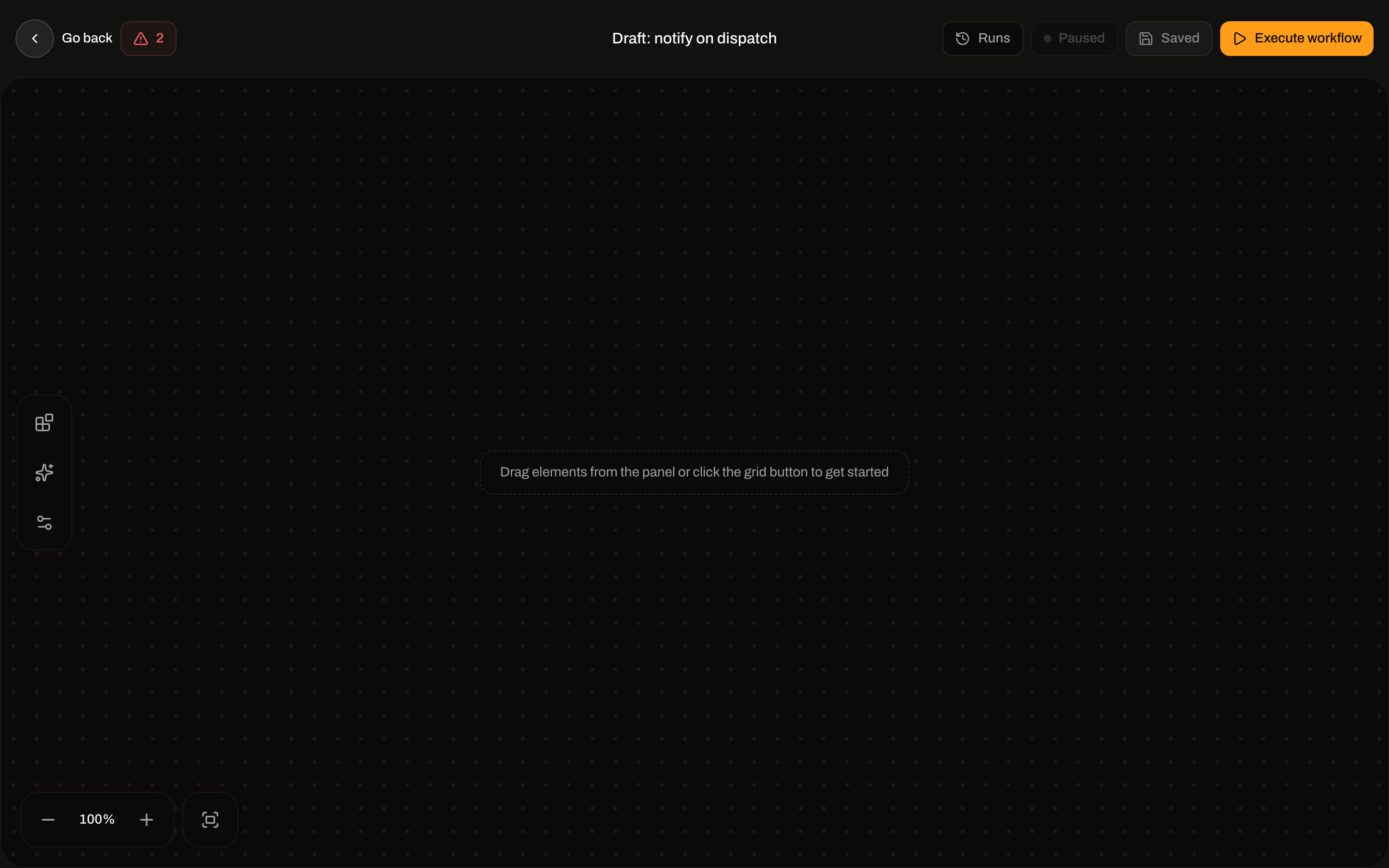 Empty automation builder with canvas hint to drag elements from the panel