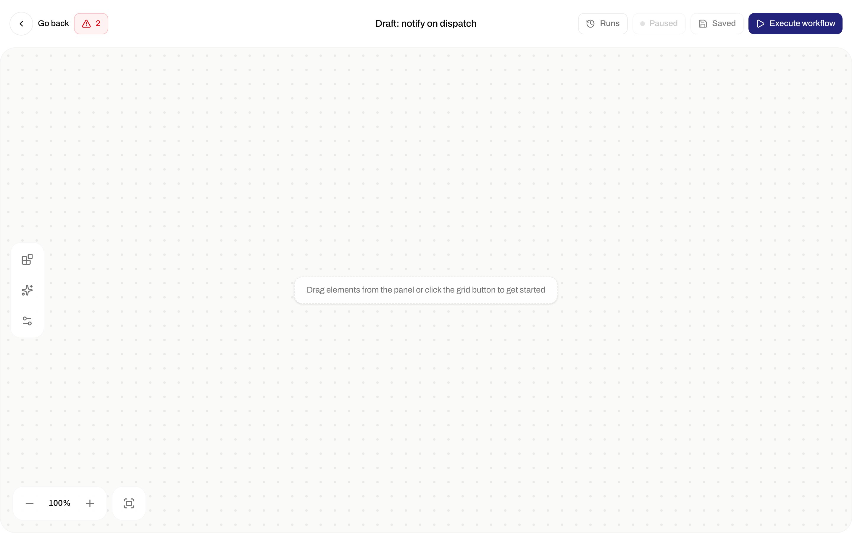 Empty automation builder with canvas hint to drag elements from the panel