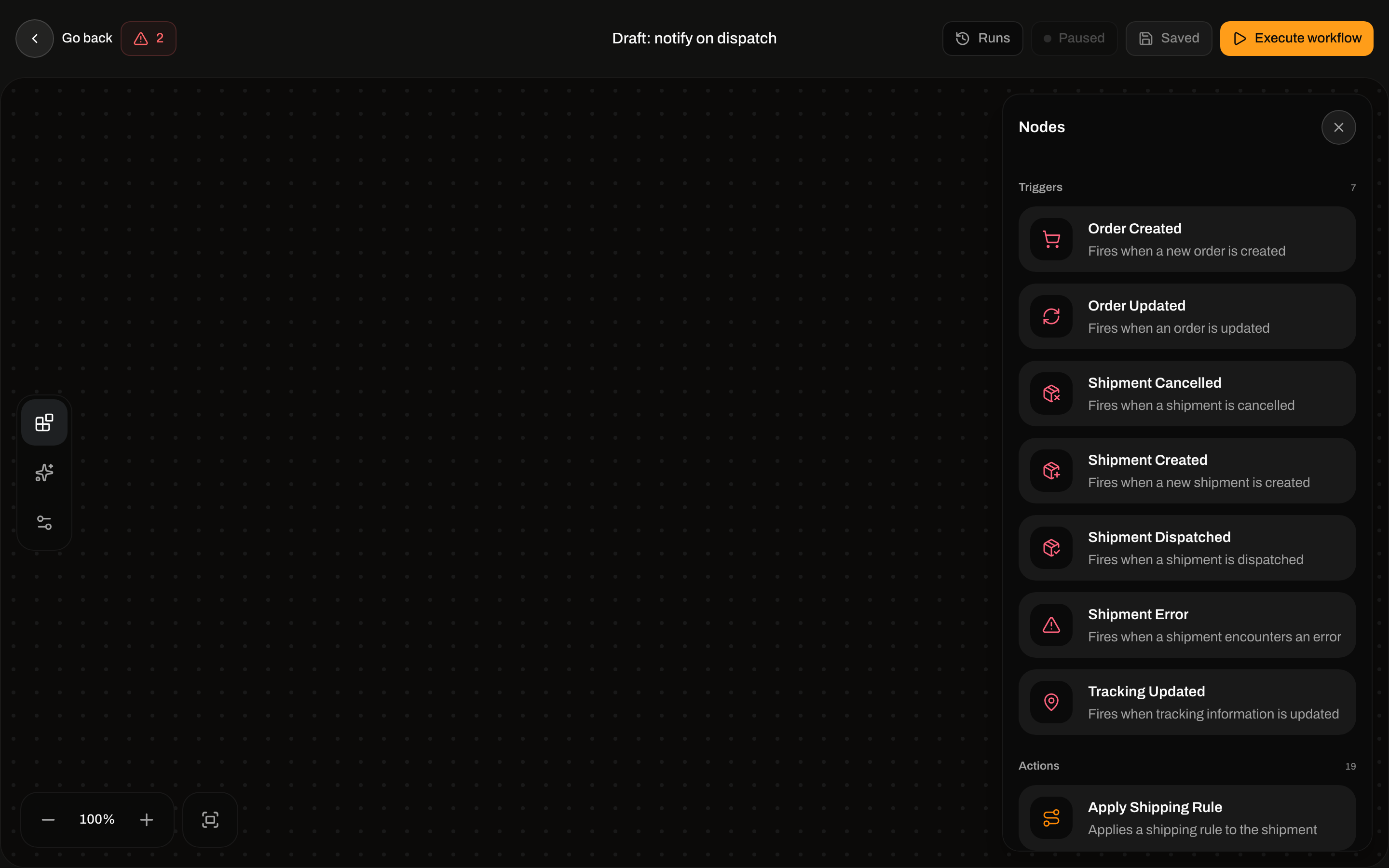 Nodes palette listing Triggers and Actions for the automation builder