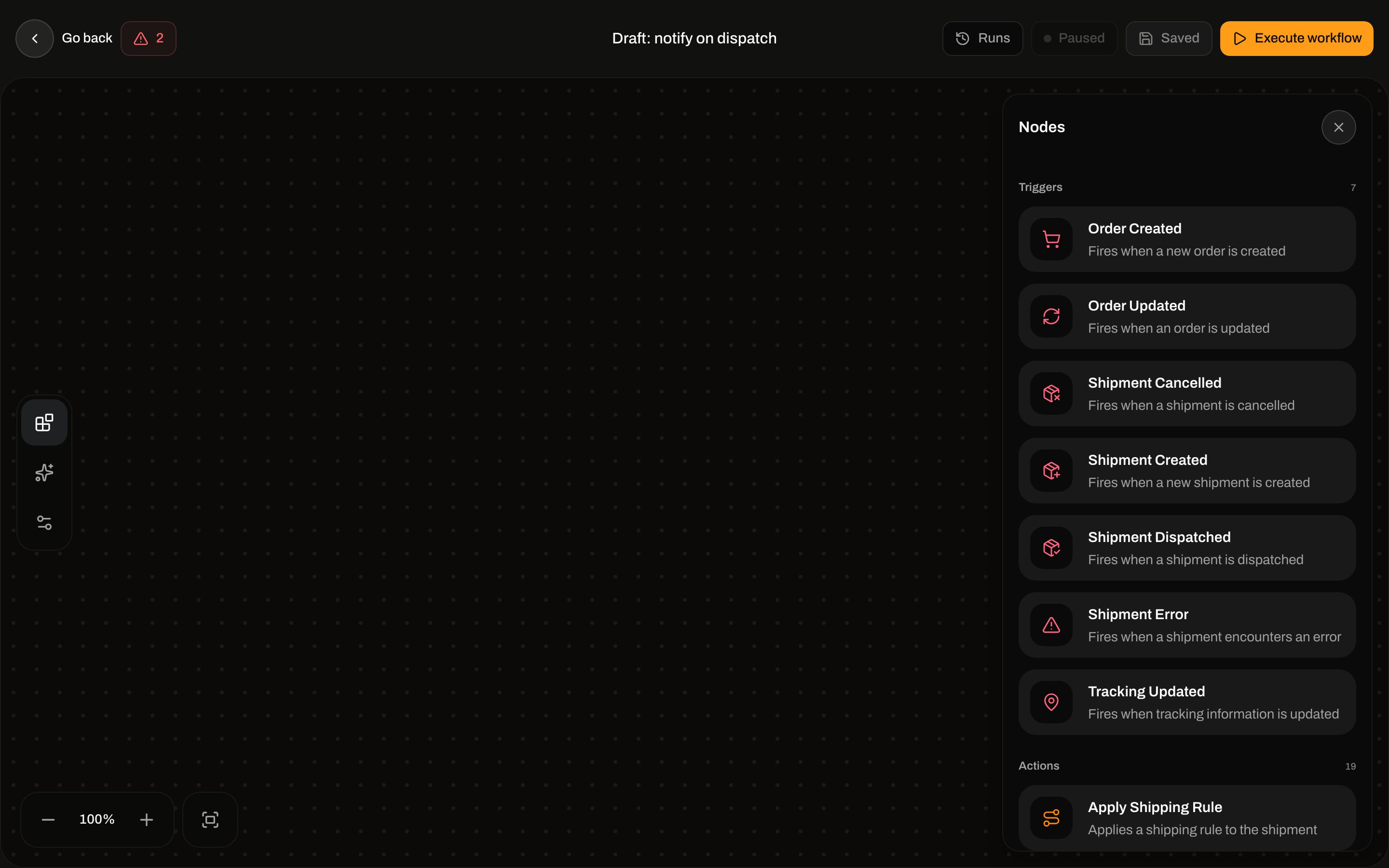 Nodes palette listing Triggers and Actions for the automation builder