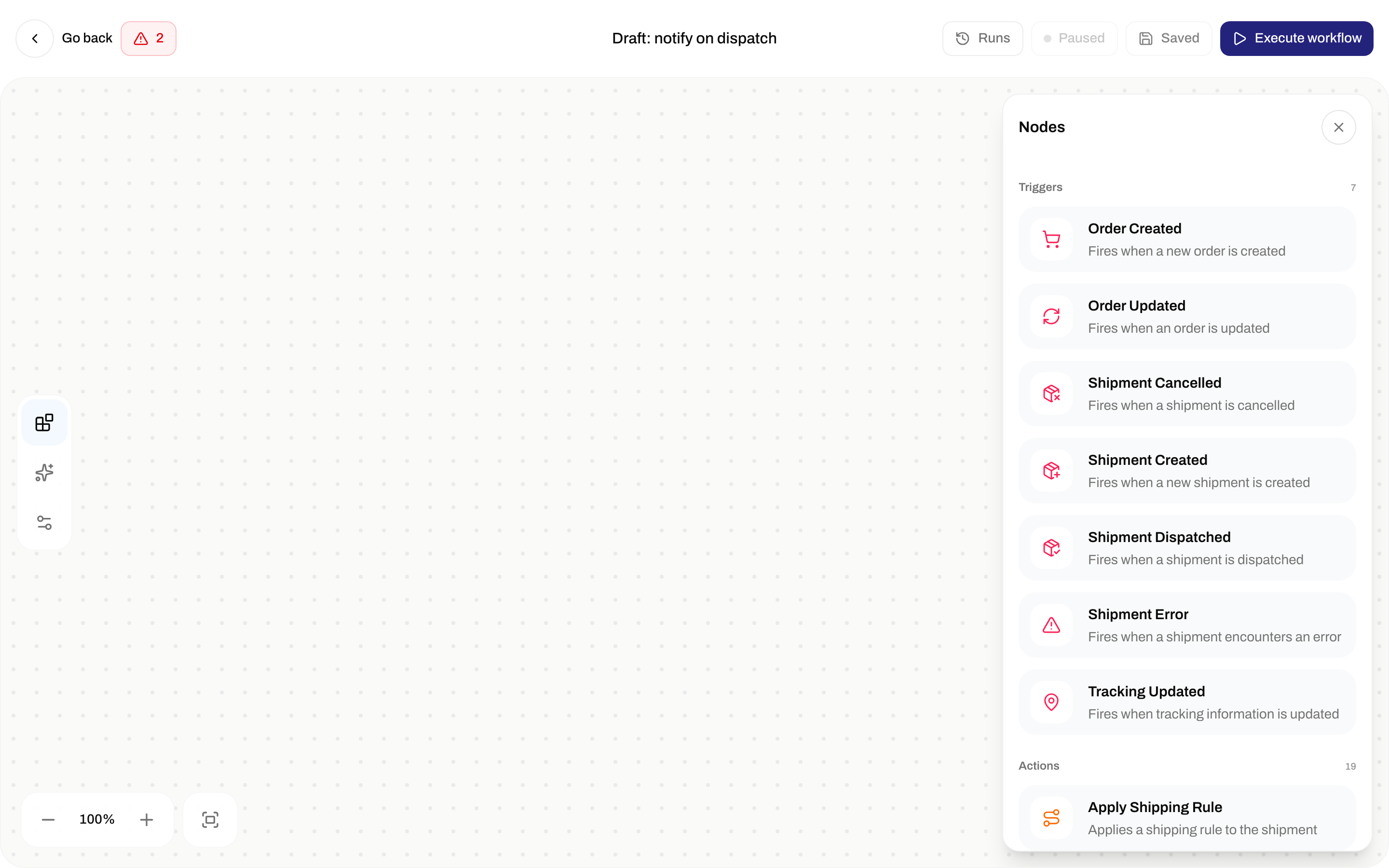 Nodes palette listing Triggers and Actions for the automation builder