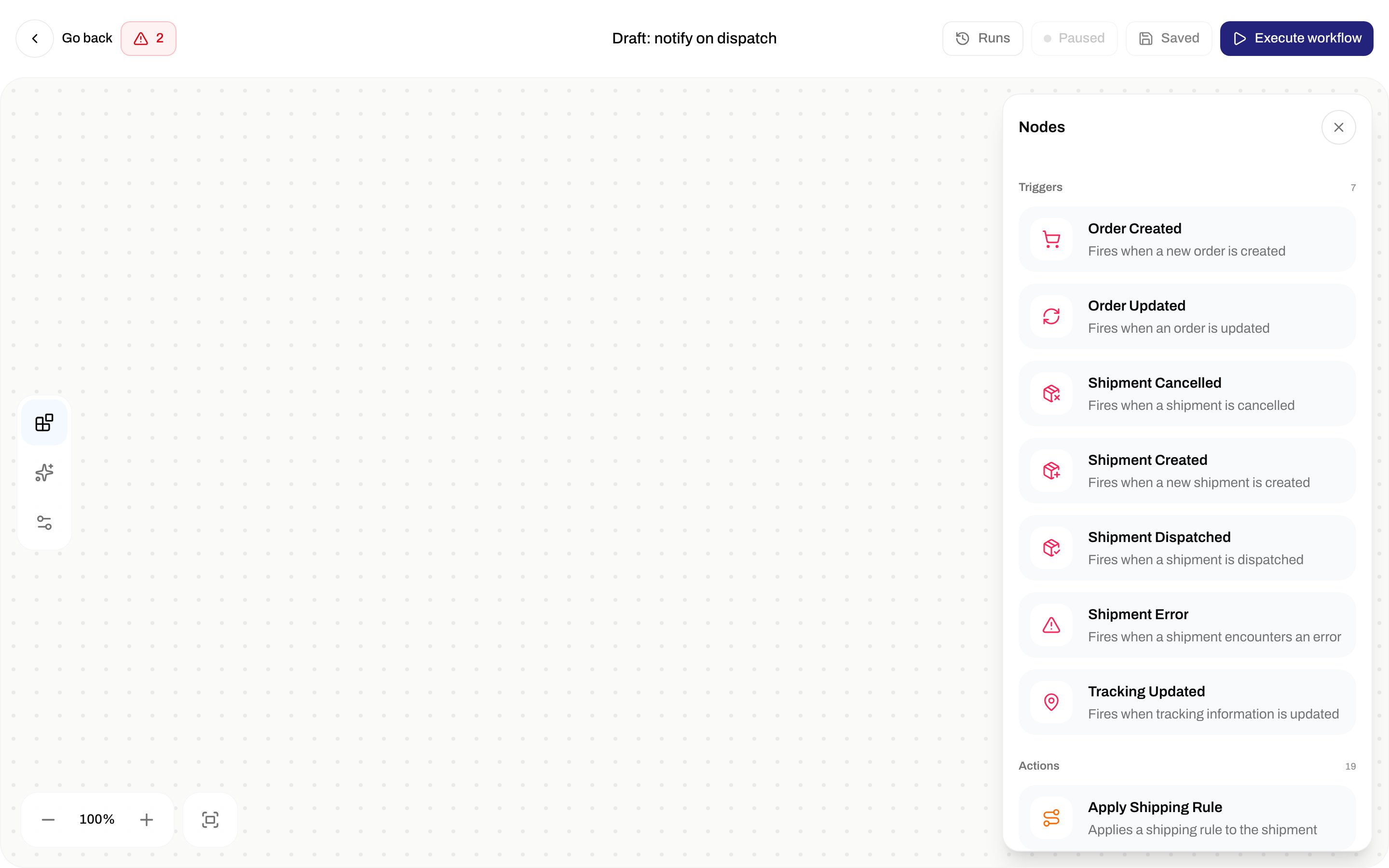 Nodes palette listing Triggers and Actions for the automation builder