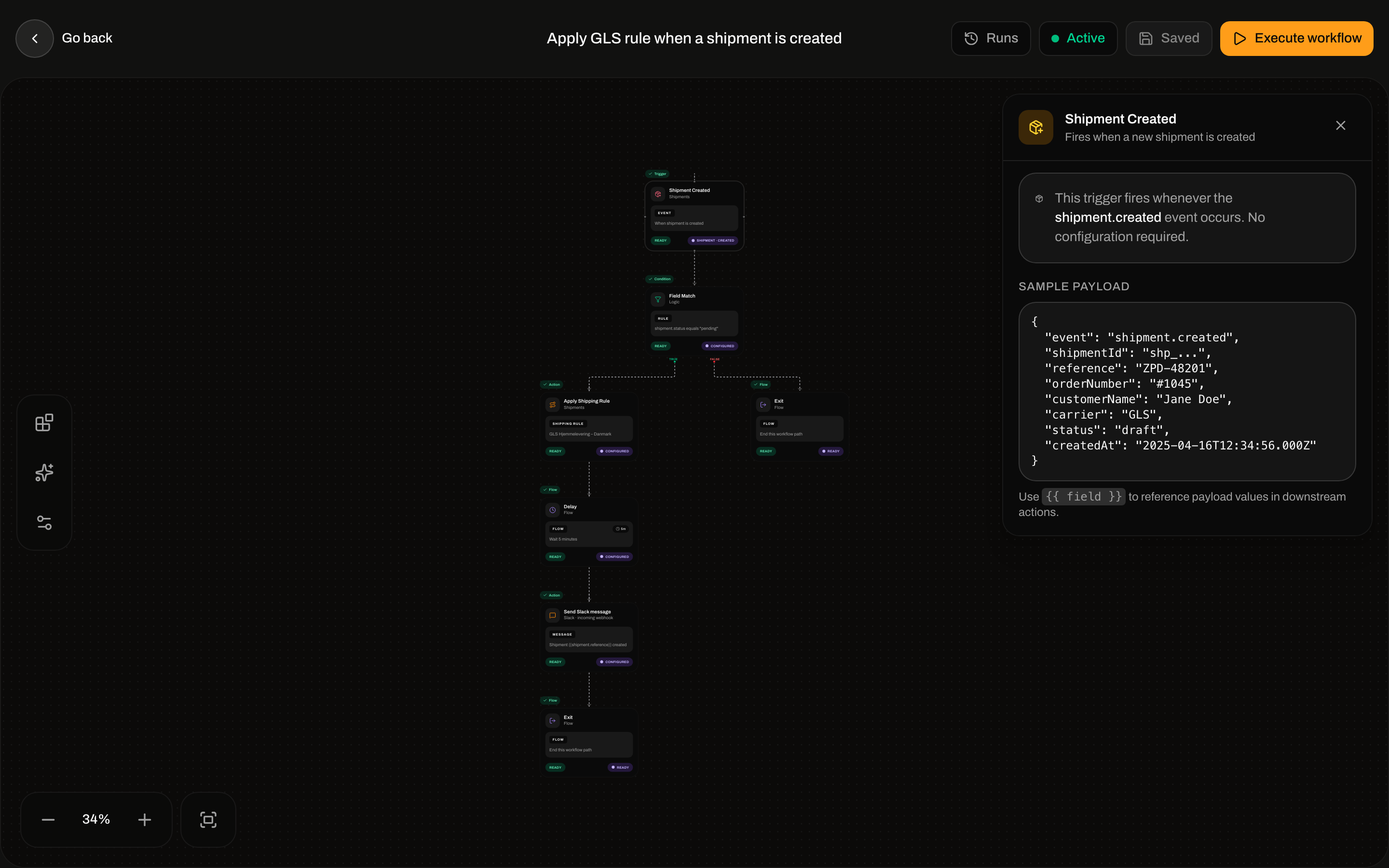 Inspector for Shipment Created with sample payload JSON