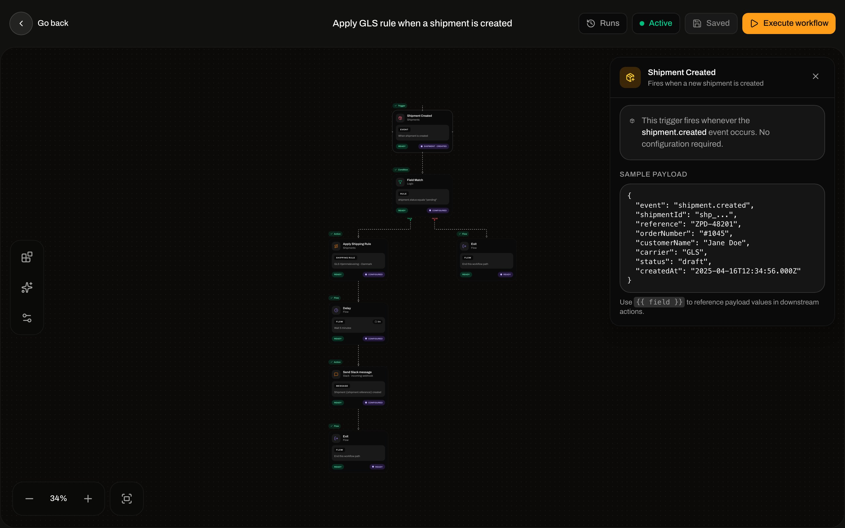 Inspector for Shipment Created with sample payload JSON