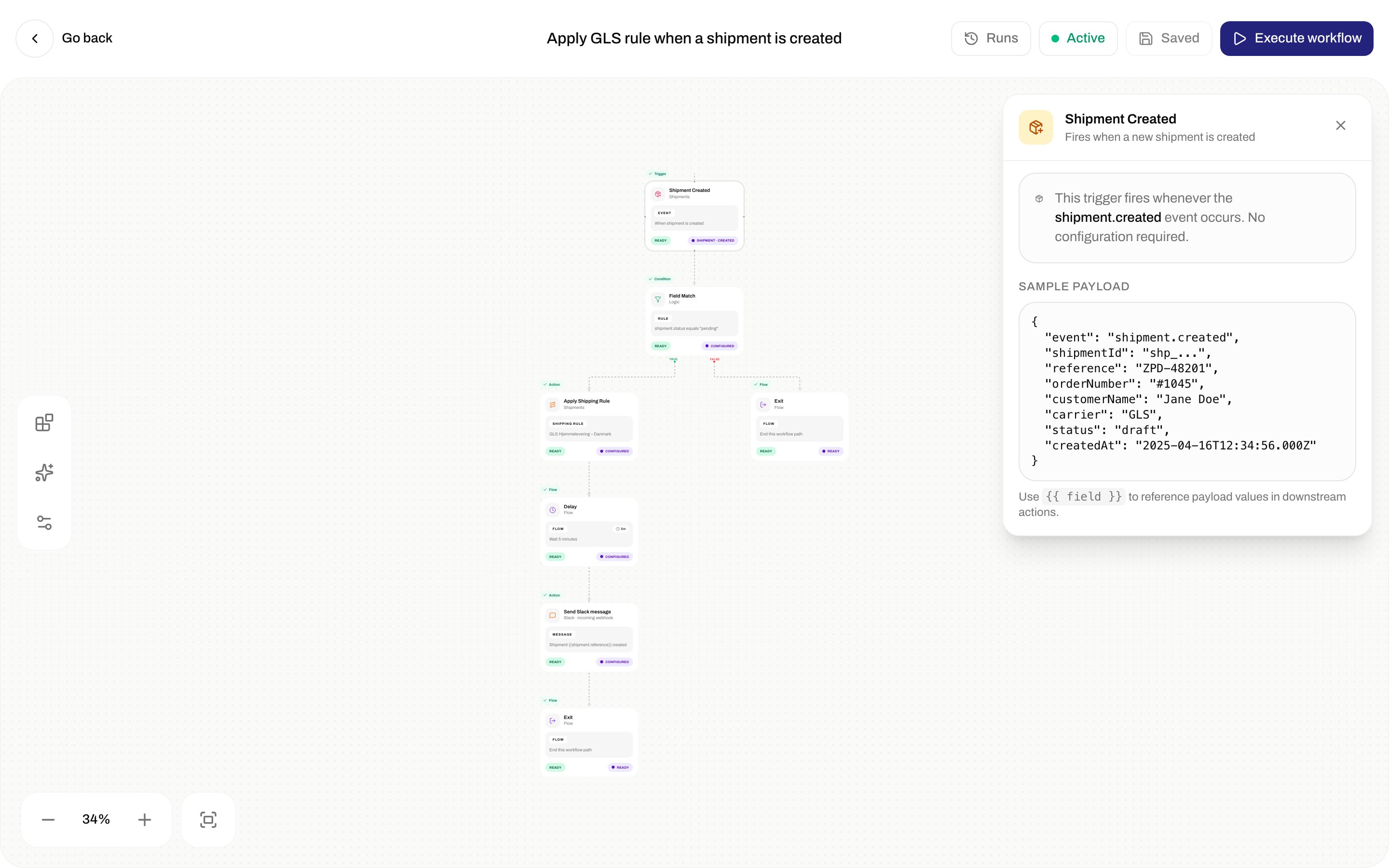 Inspector for Shipment Created with sample payload JSON