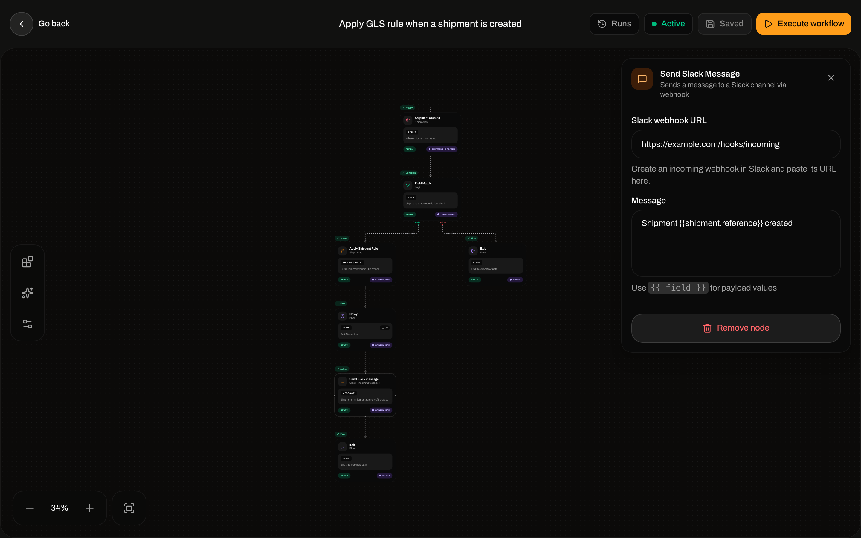 Send Slack message inspector with Slack webhook URL and Message template
