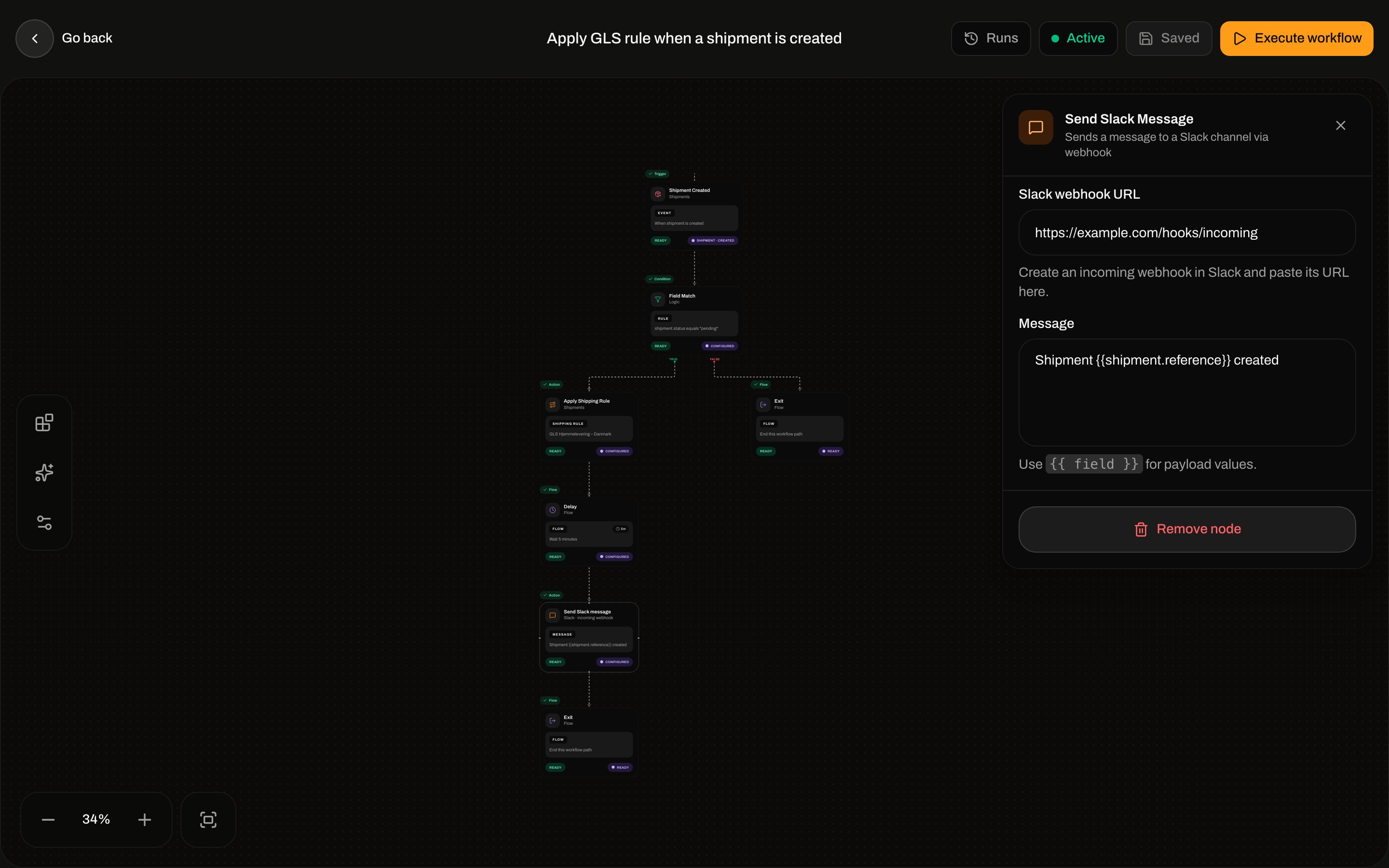Send Slack message inspector with Slack webhook URL and Message template