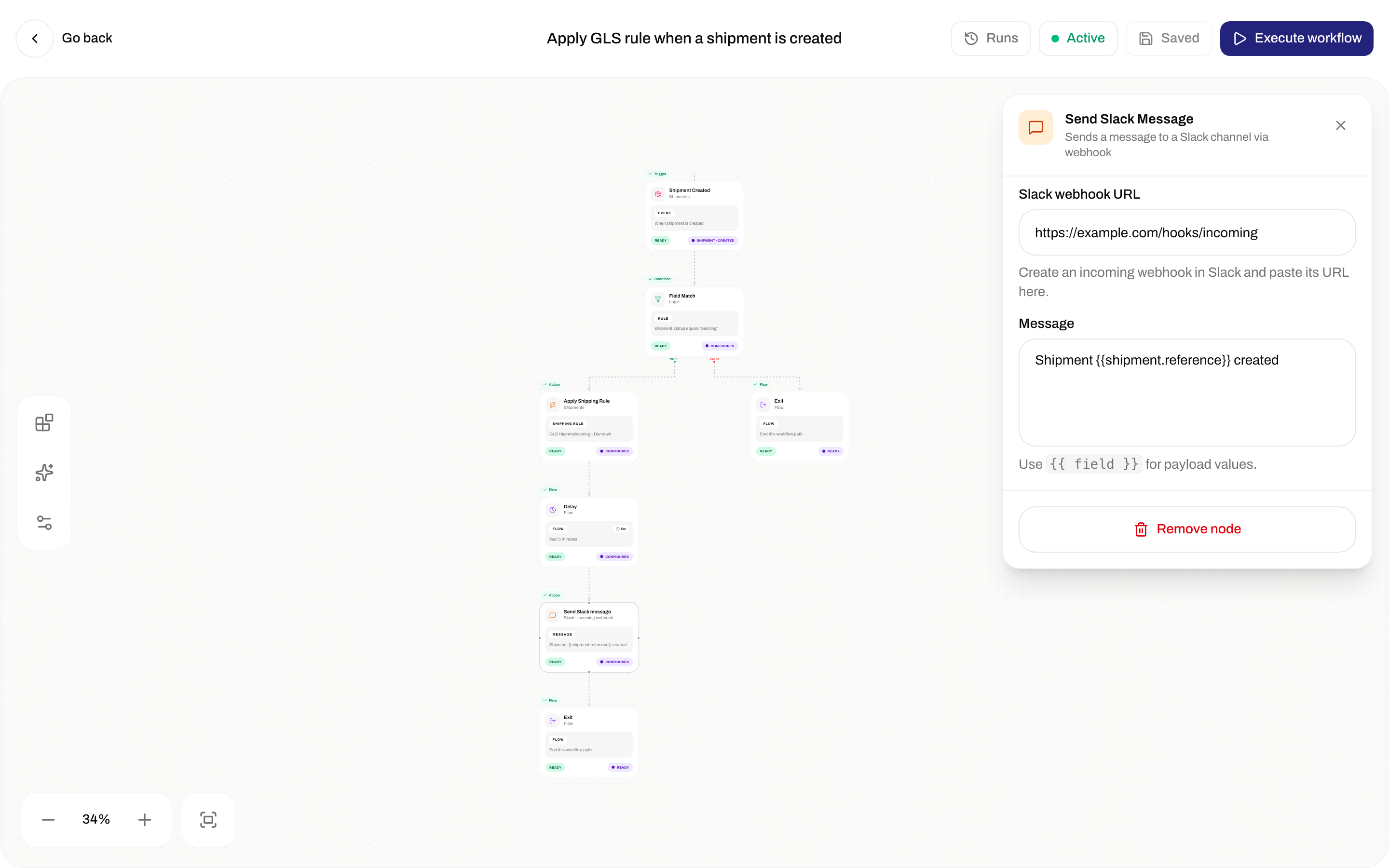 Send Slack message inspector with Slack webhook URL and Message template