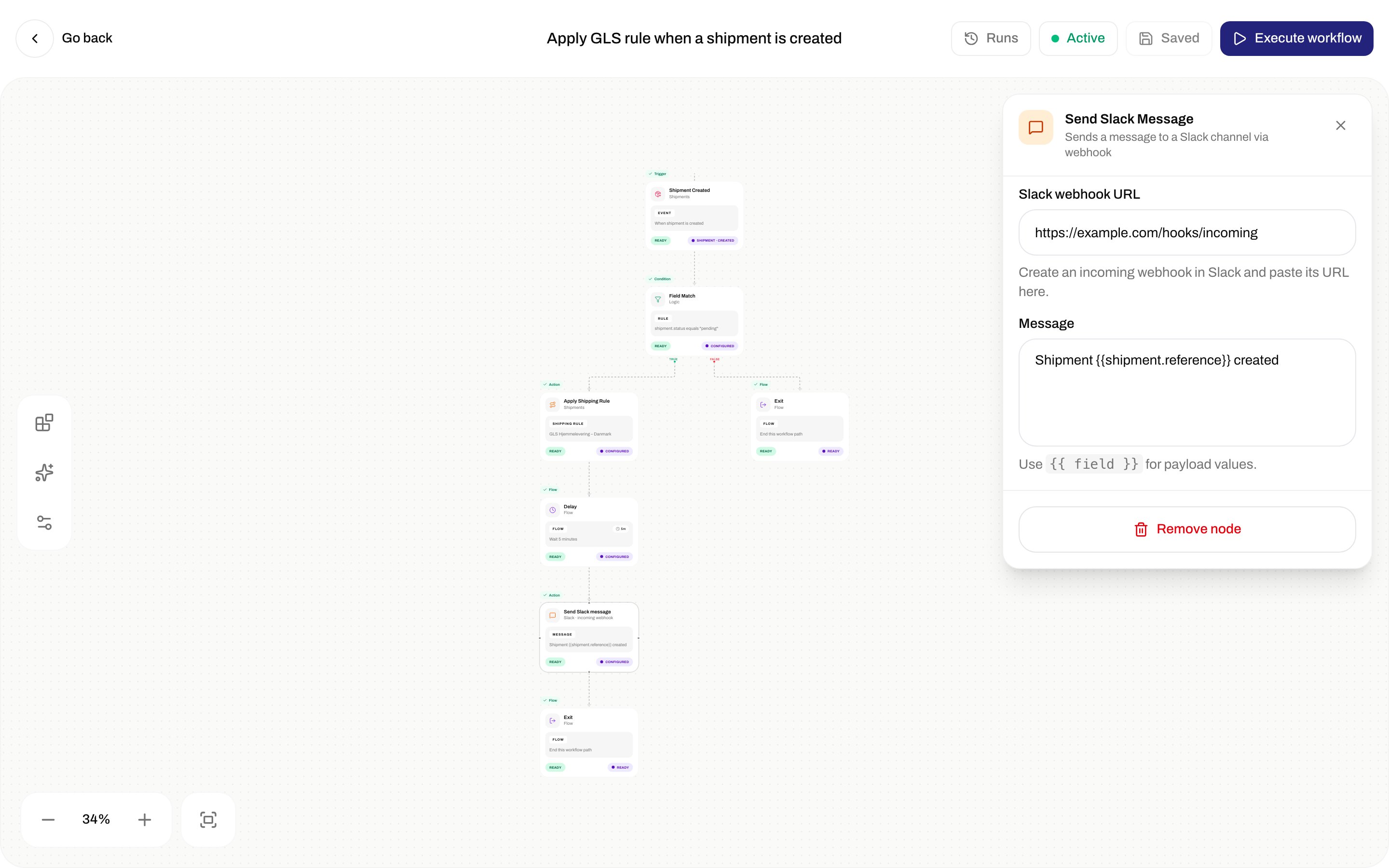 Send Slack message inspector with Slack webhook URL and Message template