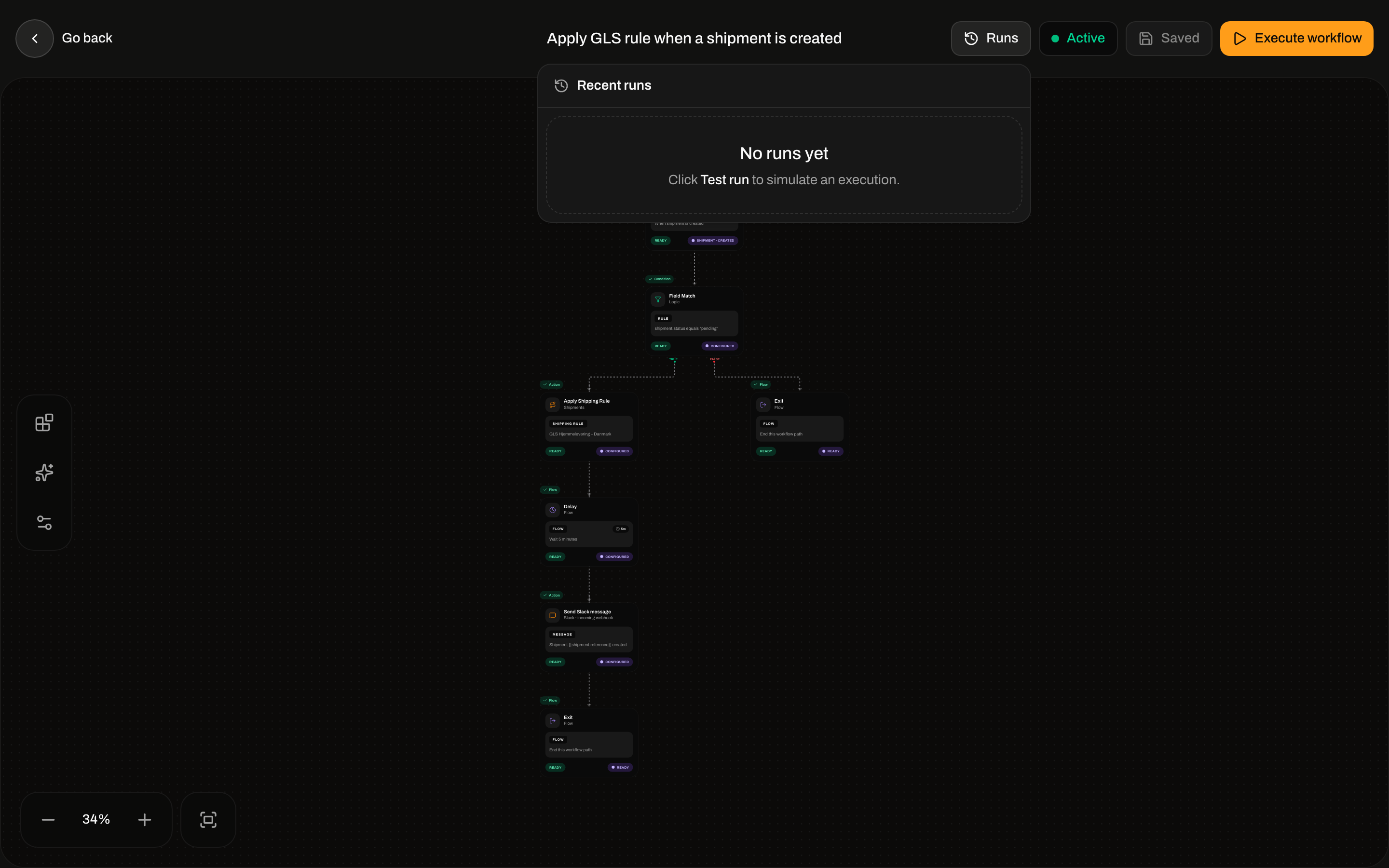 Recent runs popover showing No runs yet and a hint to click Test run